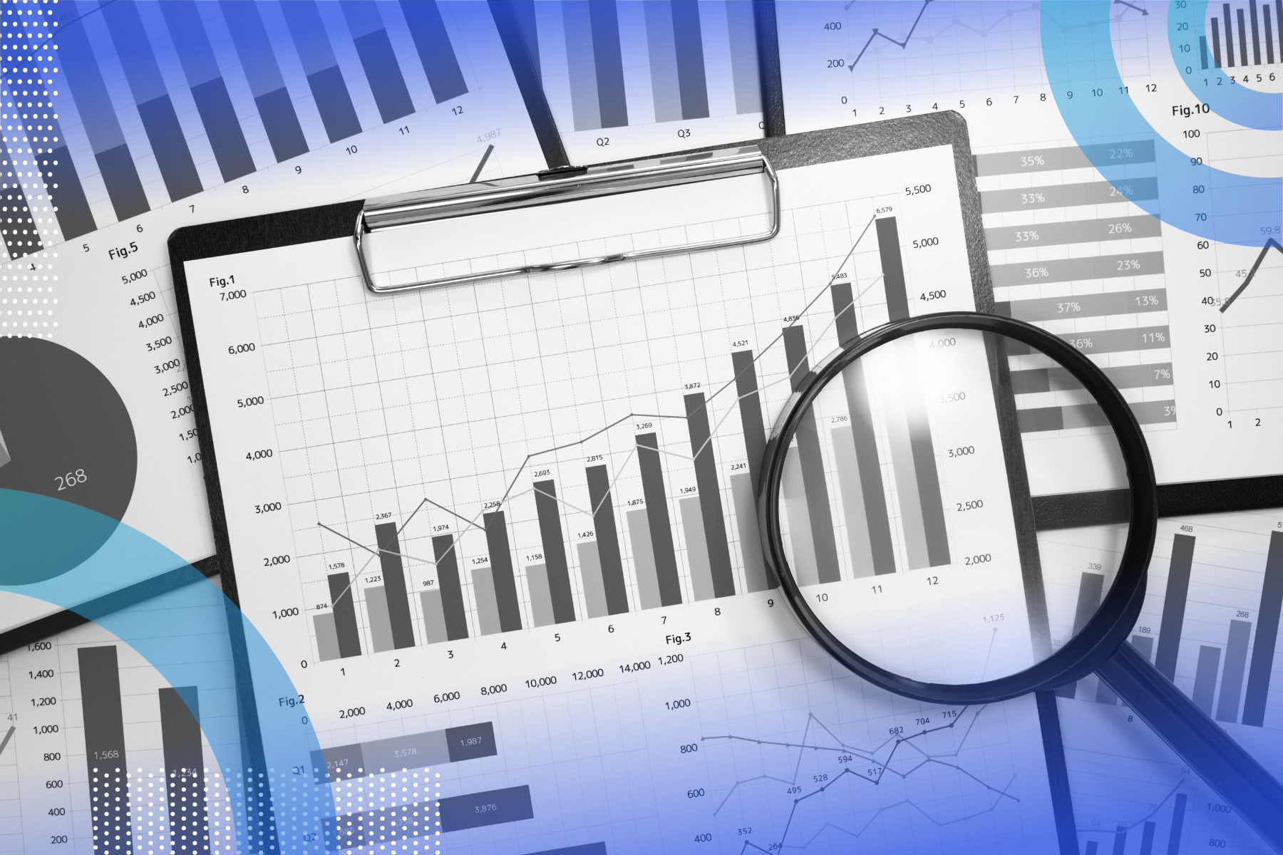 Various financial charts and graphs with bar and line graphs, some with numerical data, overlaid with a magnifying glass, set on a desk or table.