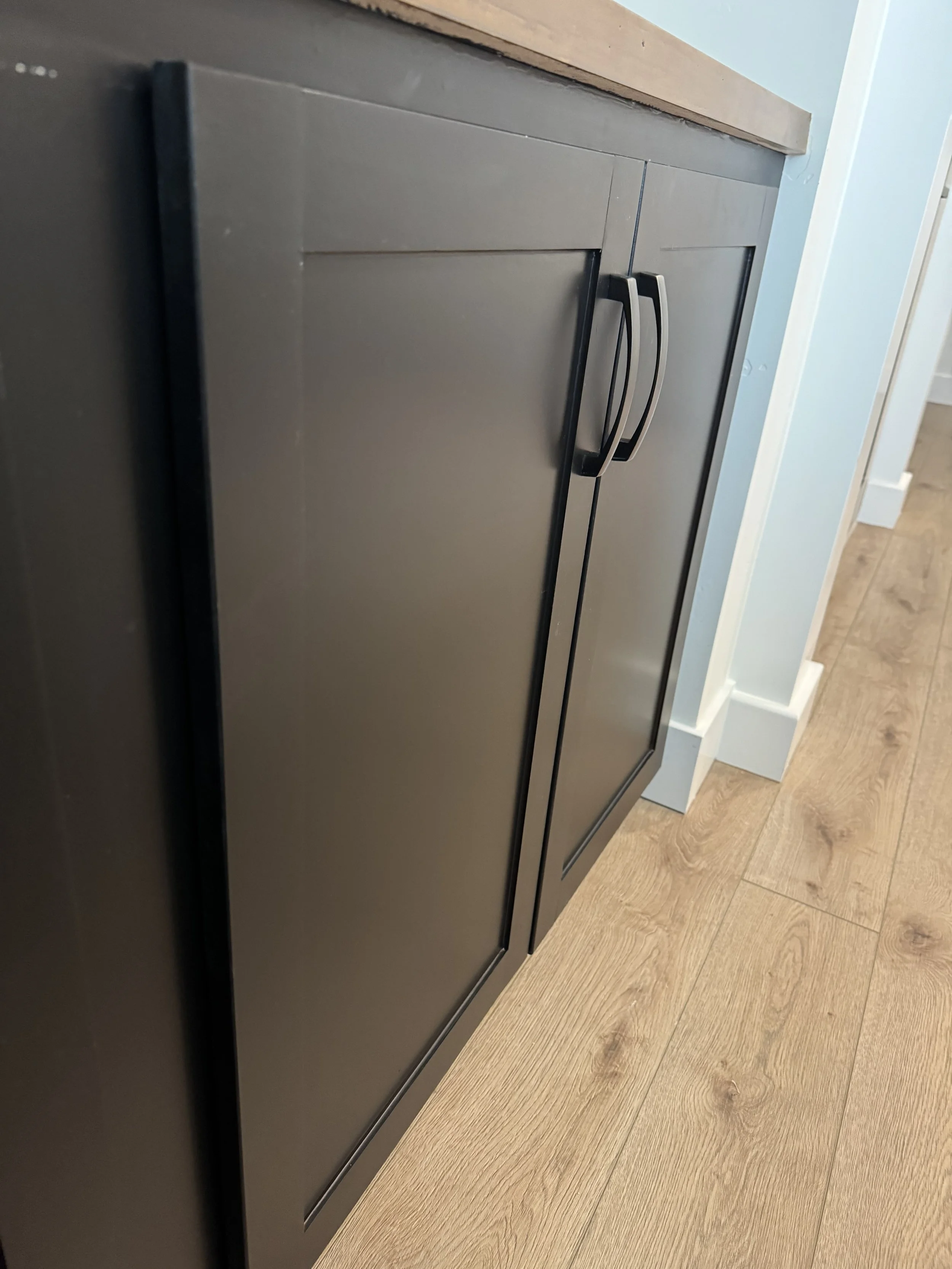 Black cabinet with two doors and curved handles, located in a room with light blue walls and wooden flooring.