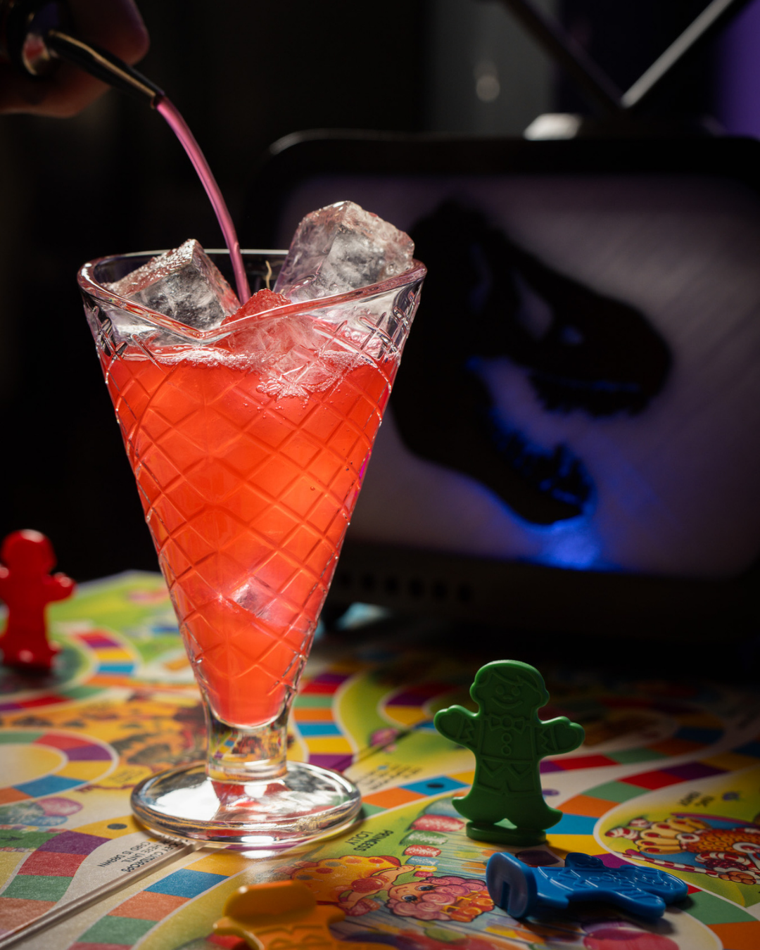 Astro-Not: chocolate vodka, acidified strawberry syrup, vanilla, clarified w/ lactose-free milk