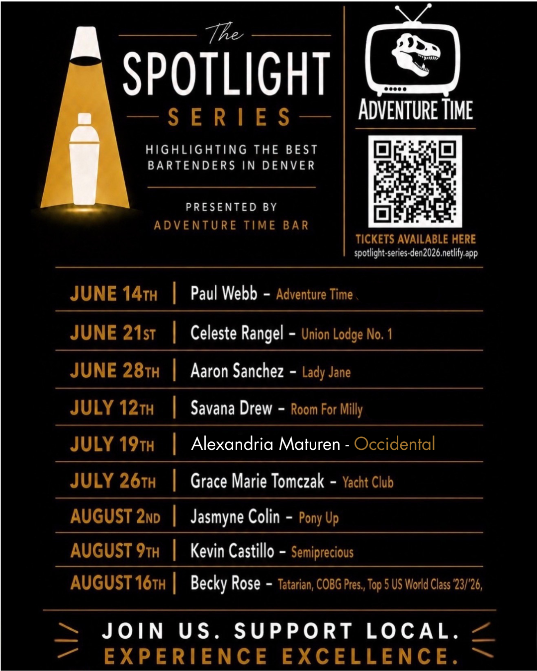 Poster for the Spotlight Series, a series of events highlighting top bartenders in Denver, presented by Adventure Time Bar. The poster features a black background with gold and white text, a cocktail shaker graphic with spotlight beams, a dinosaur TV icon, a QR code for tickets, and a list of dates with bartender names and their venues, spanning from June 14 to August 16.
