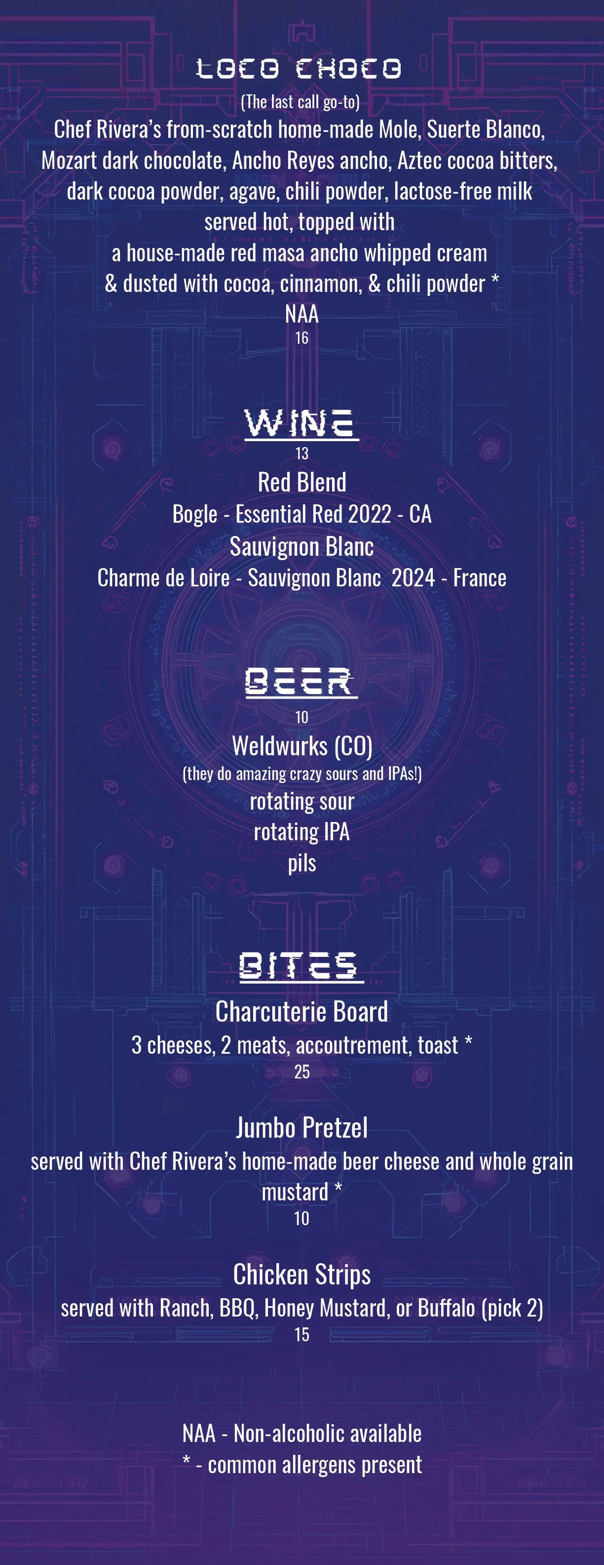Menu with sections titled Toco Choco, Wine, Beer, and Bites. Toco Choco features a dark chocolate dessert with toppings and whipped cream. The wine section offers red blends and white wines from France and California. The beer section lists WELDWURKS Colorado with sour, IPA, and pilsner options. Bites include Charcuterie Board, Jumbo Pretzel with beer cheese and mustard, and Chicken Strips available with various dips.