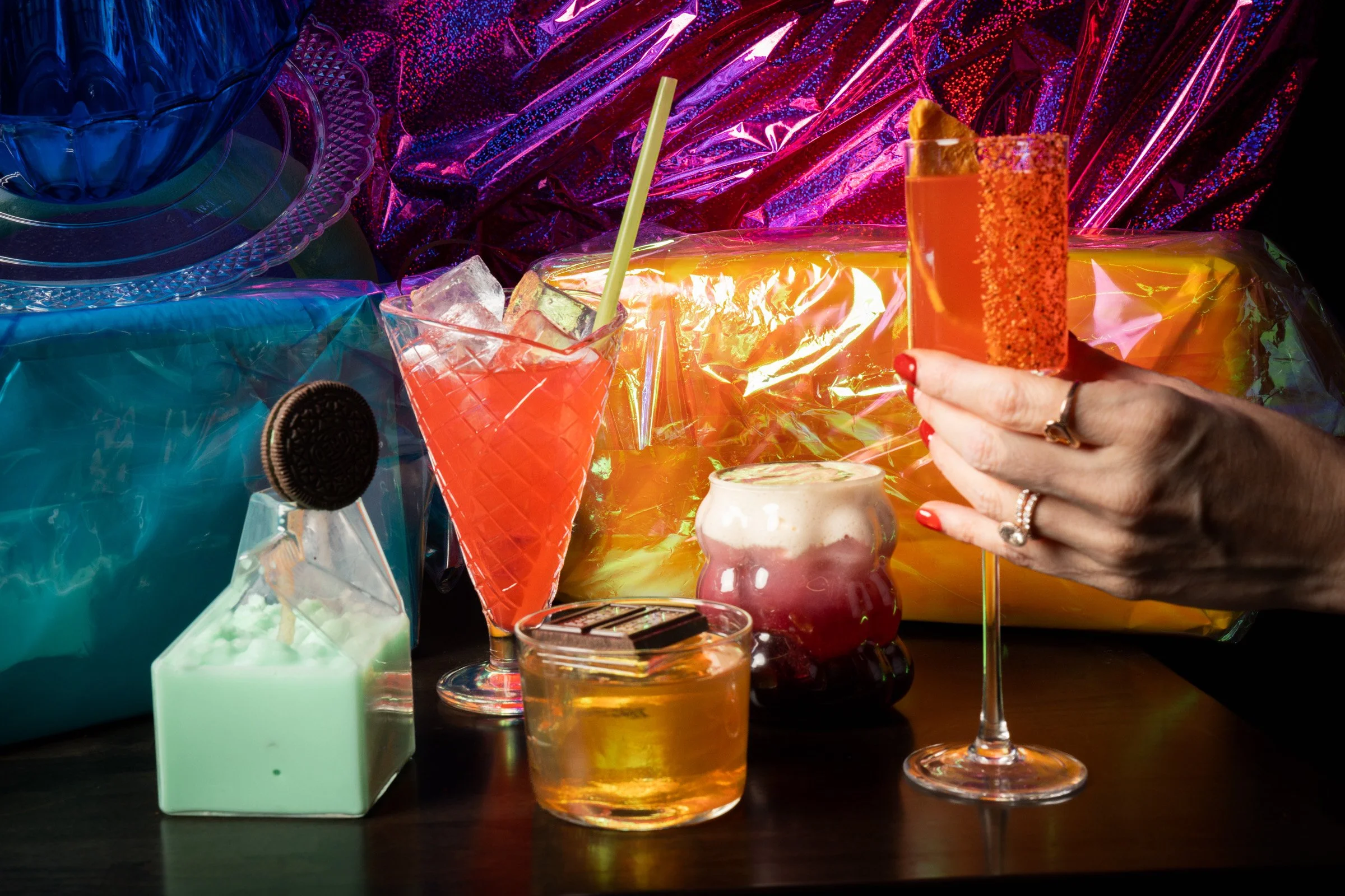 five cocktails from the Candyland menu at Adventure Time, Denver's best and first themed cocktail bar.