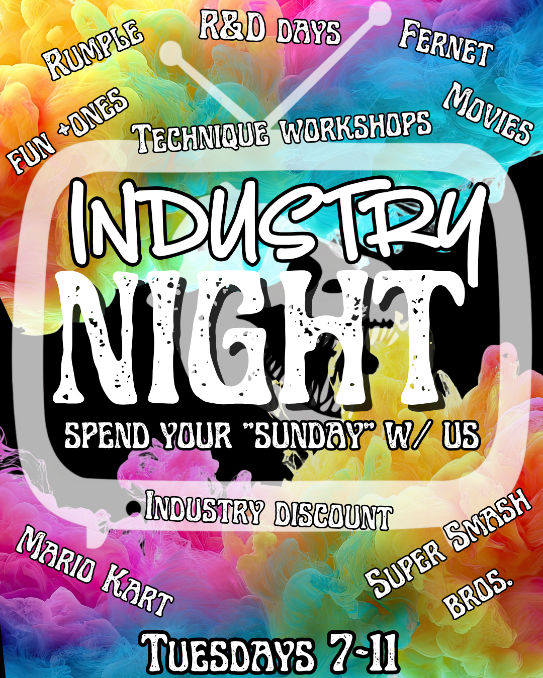 Colorful abstract smoke background with text promoting an industry night event, including activities like fun games, techniques, workshops, and movies, scheduled for Tuesdays from 7 to 11, featuring Mario Kart and Super Smash Bros, with an industry discount and encouraging to spend Sundays with them.