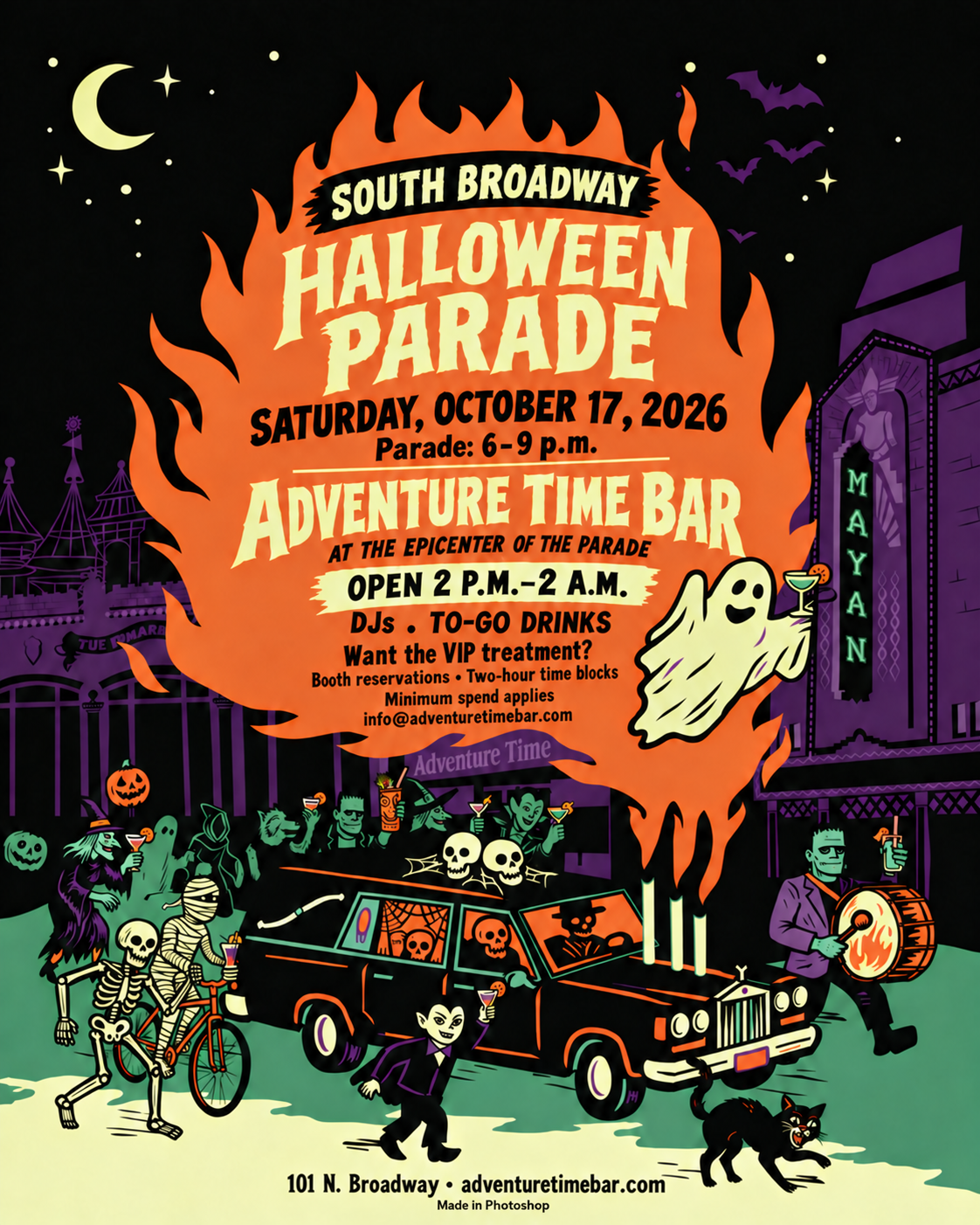 Adventure Time Bar South Broadway Halloween Parade poster for October 17, 2026: cocktails in the monsters’ hands, DJs, to-go drinks, open 2 p.m.–2 a.m., and booth reservations. Small footer reads Made in Photoshop.