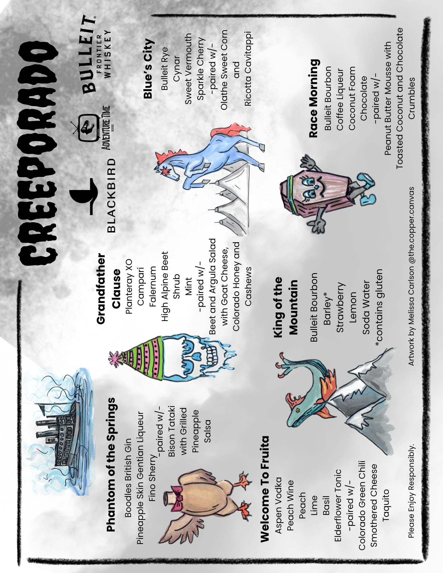 A menu featuring various springtime dishes with illustrations, including a blue unicorn, a cartoon chicken, a dinosaur, a skeleton wearing a pink party hat, and a cartoon shopping cart. The menu lists food and drink options for a spring celebration or event.