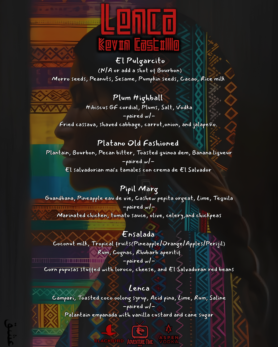 A colorful menu titled "Lenca Kevan Cosedillo" listing various traditional dishes and beverages with ingredients, on a vibrant, patterned background.