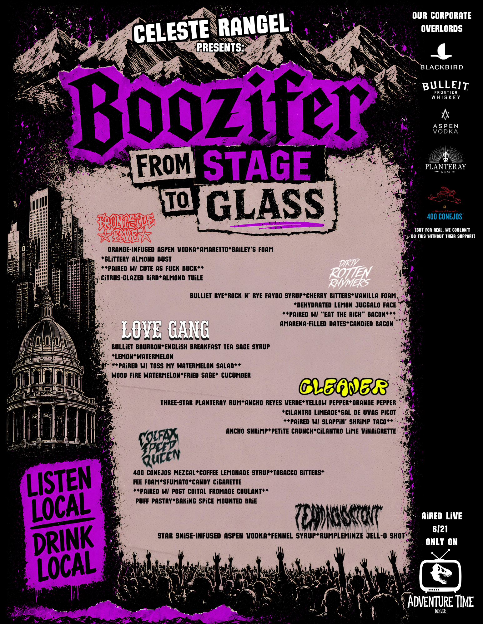 A promotional poster for a music event called 'Booster from Stage to Glass,' featuring various bands and drinks, with a background of mountain scenery and a silhouette of a crowd at a concert.
