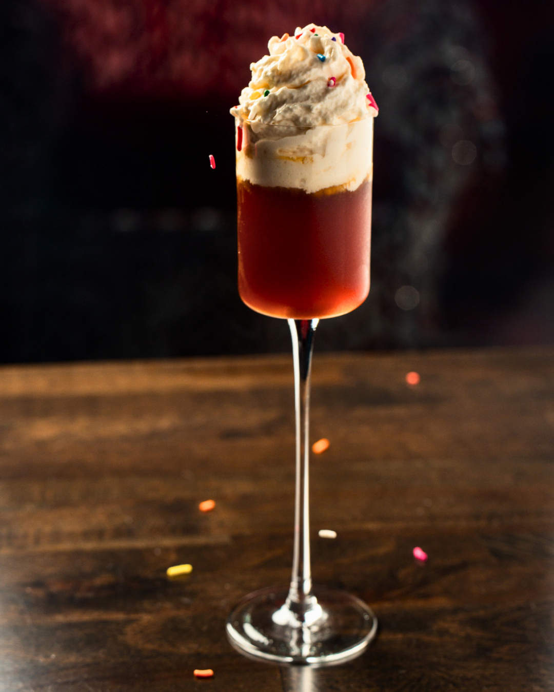 Coffee & Candles: planteray rum, espresso, cake syrup, vanilla, funfetti whip, sprinkles, clarified with lactose-free milk