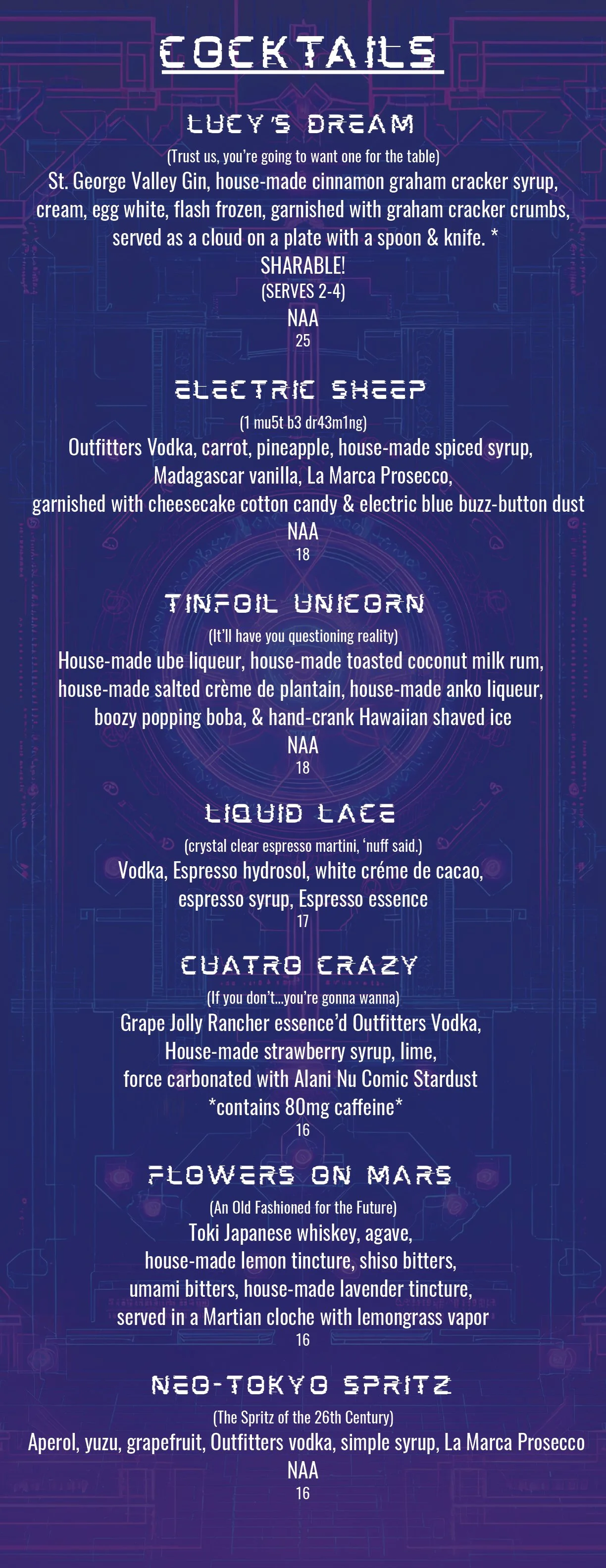A colorful menu titled "Cocktails" featuring various themed drinks with their ingredients and descriptions, including Lucys Dream, Electric Sheep, Tinfoil Unicorn, Liquid Lace, Euatro Crazy, Flowers on Mars, and Neo-Tokyo Spritz.