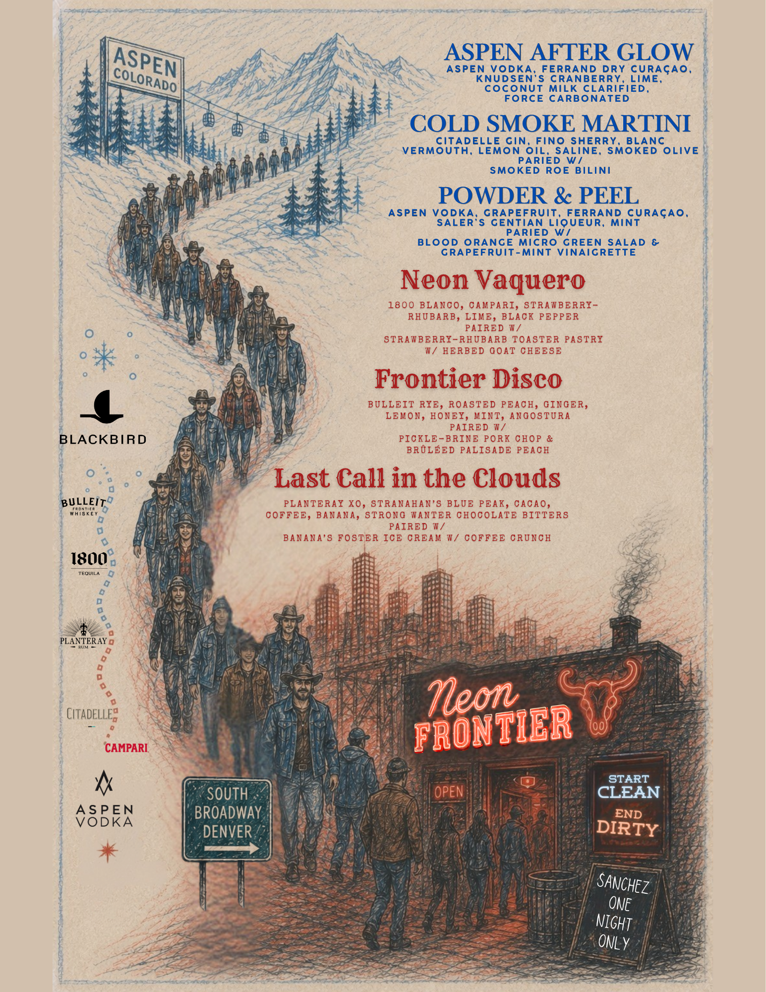 A detailed illustrated map of the Neon Vaquero venue, featuring themed drinks such as 'Aspen After Glow,' 'Cold Smoke Martini,' 'Powder & Peel,' and others, with a lively crowd of people outside and a neon sign above the entrance. The background includes a city skyline and snowy mountain landscape.