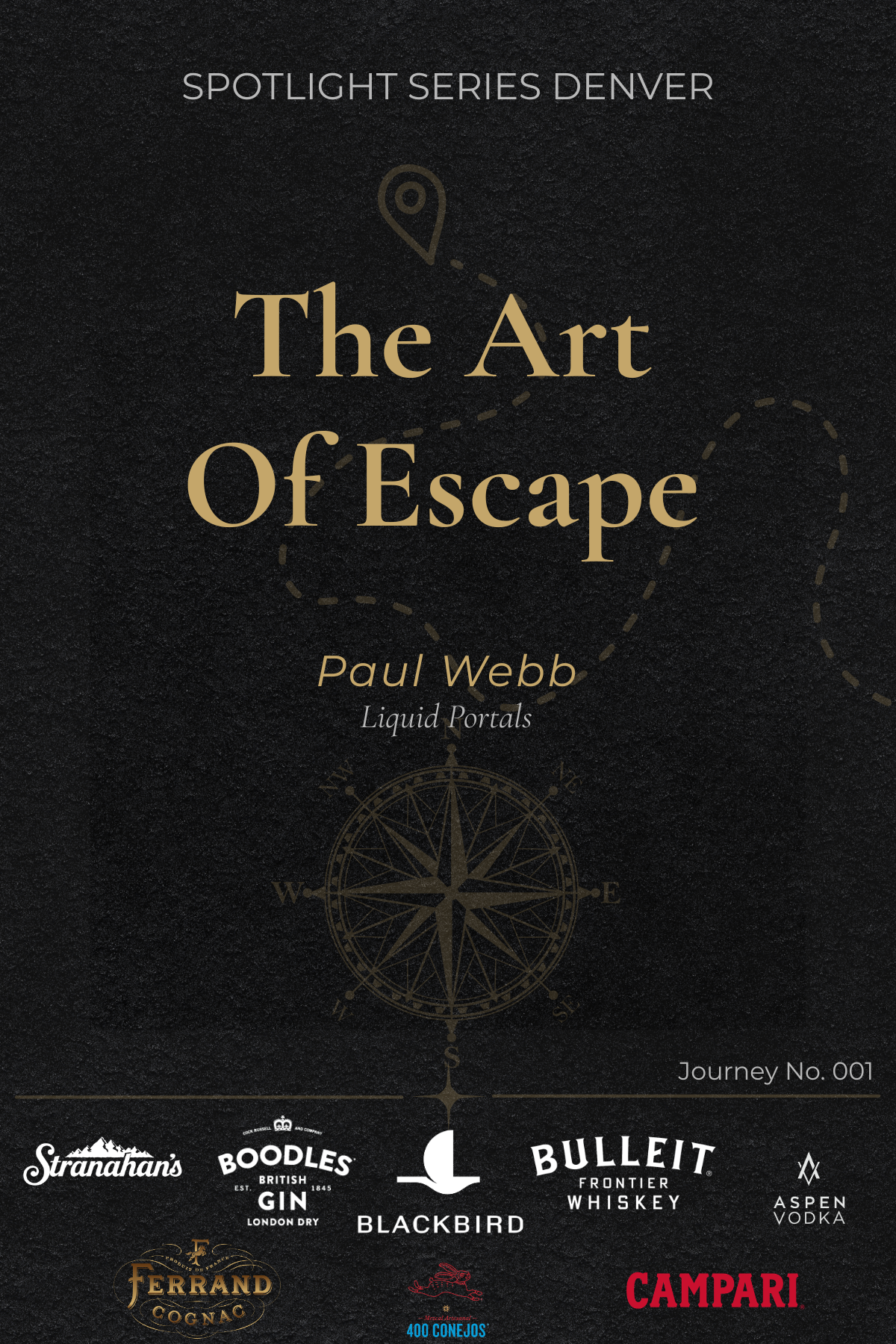 Book cover titled "The Art of Escape" by Paul Webb, part of the Spotlight Series Denver, featuring a dark background with a gold compass and dotted path design, and logos of various liquor brands at the bottom.