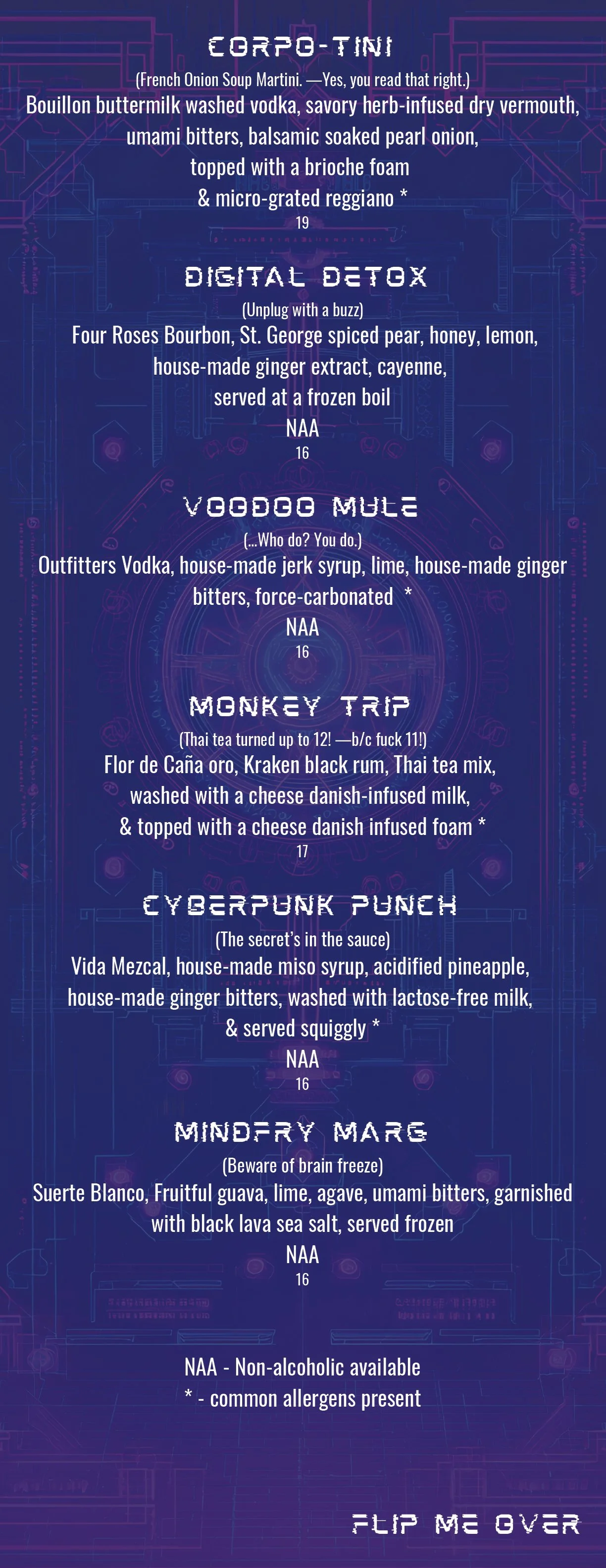 A digital menu with a blue and purple futuristic background. It lists cocktails like Corpo-Tini, Digital Detox, Veggde Mule, Monkey Trip, Cyberpunk Punch, and Mindfry Mare, with ingredients and prices, along with allergen information at the bottom.