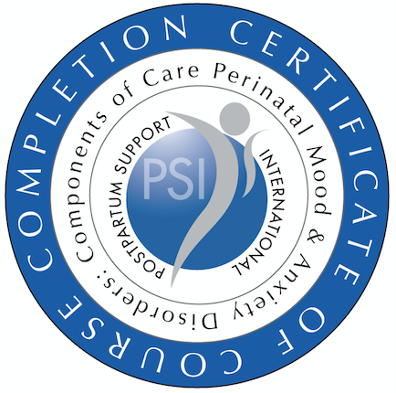 A circular seal for the American Society of Perinatal Medicine Certification, featuring the PSI logo in the center with a stylized human figure, surrounded by text indicating support for international and postpartum components.