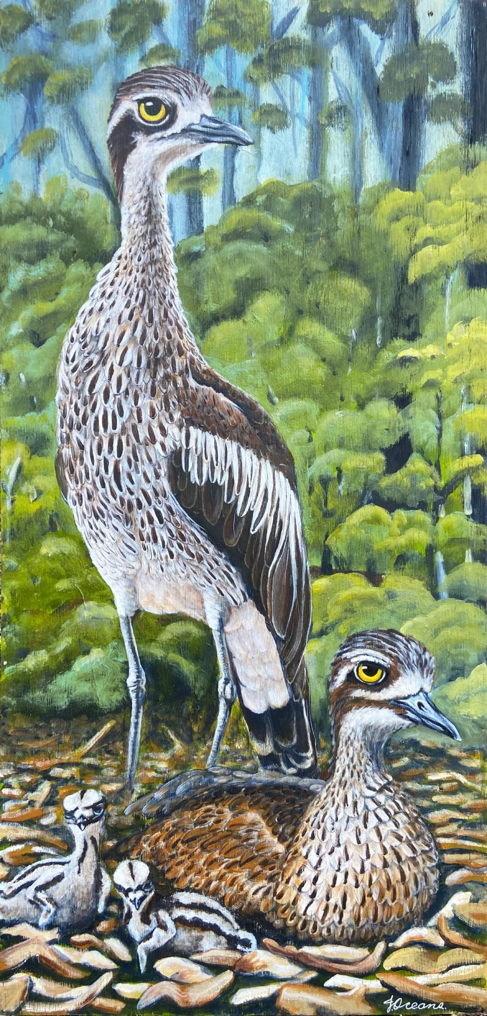 'Making Curlews' - Painted for Banyula Conservation Reserve's efforts in reintroducing the locally lost Bush Stone-Curlew. Acrylic on recycled ply. (Large)