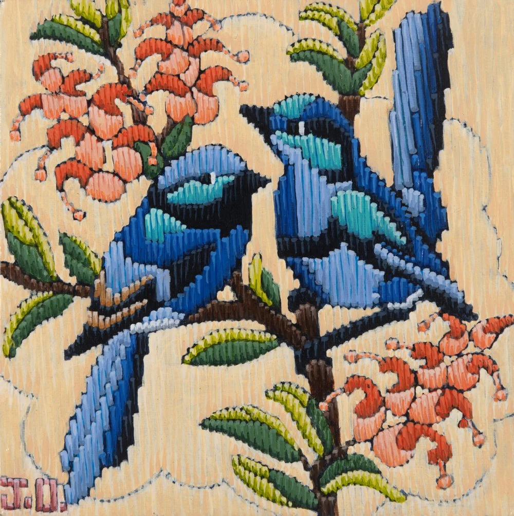 Kitsch-Stitched Fairy Wrens - Acrylic on Canvas SOLD