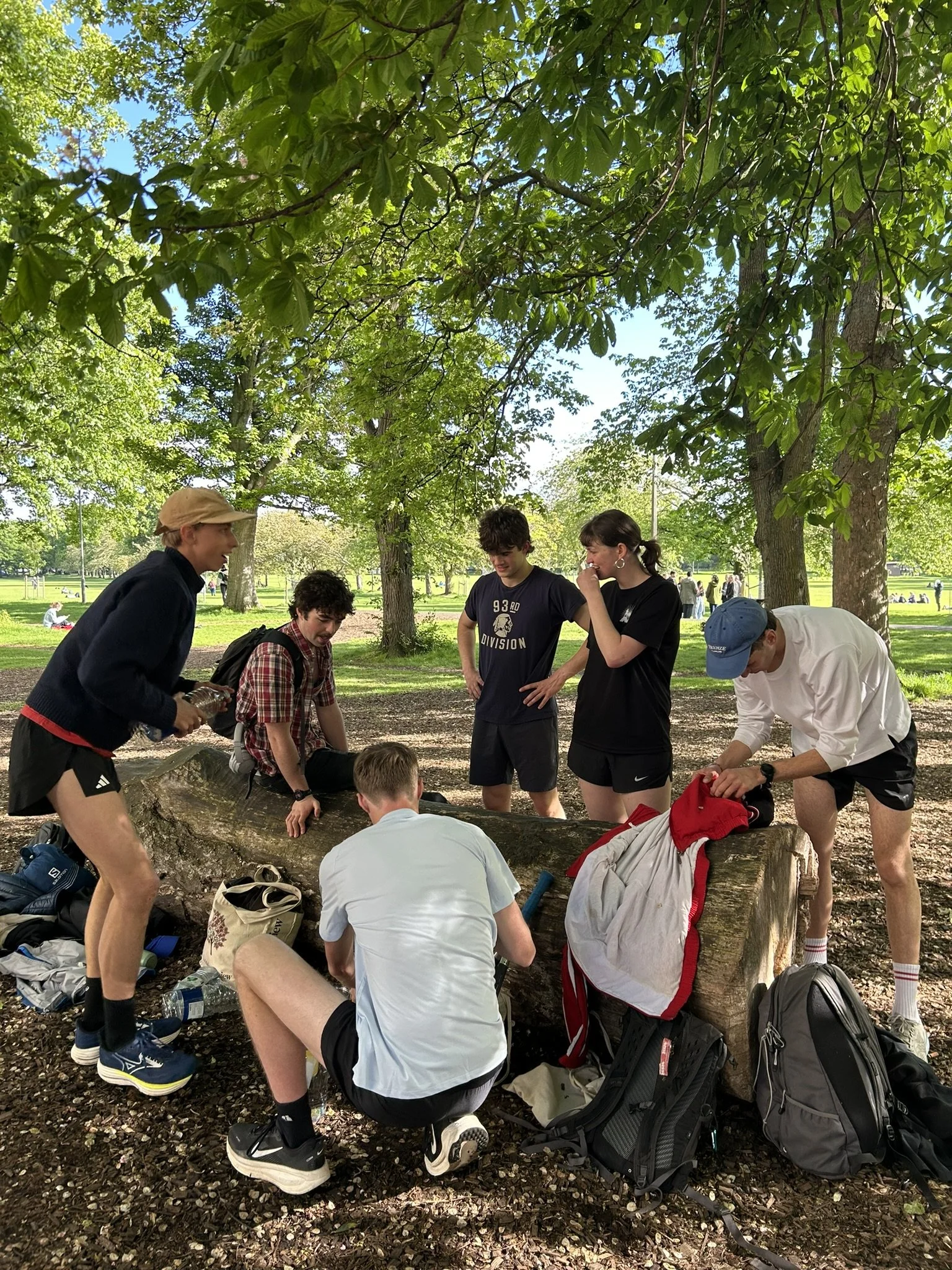 A group of young people gathered around a fallen tree in a park, talking and examining something, with backpacks and water bottles on the ground around them, surrounded by tall trees and green grass.