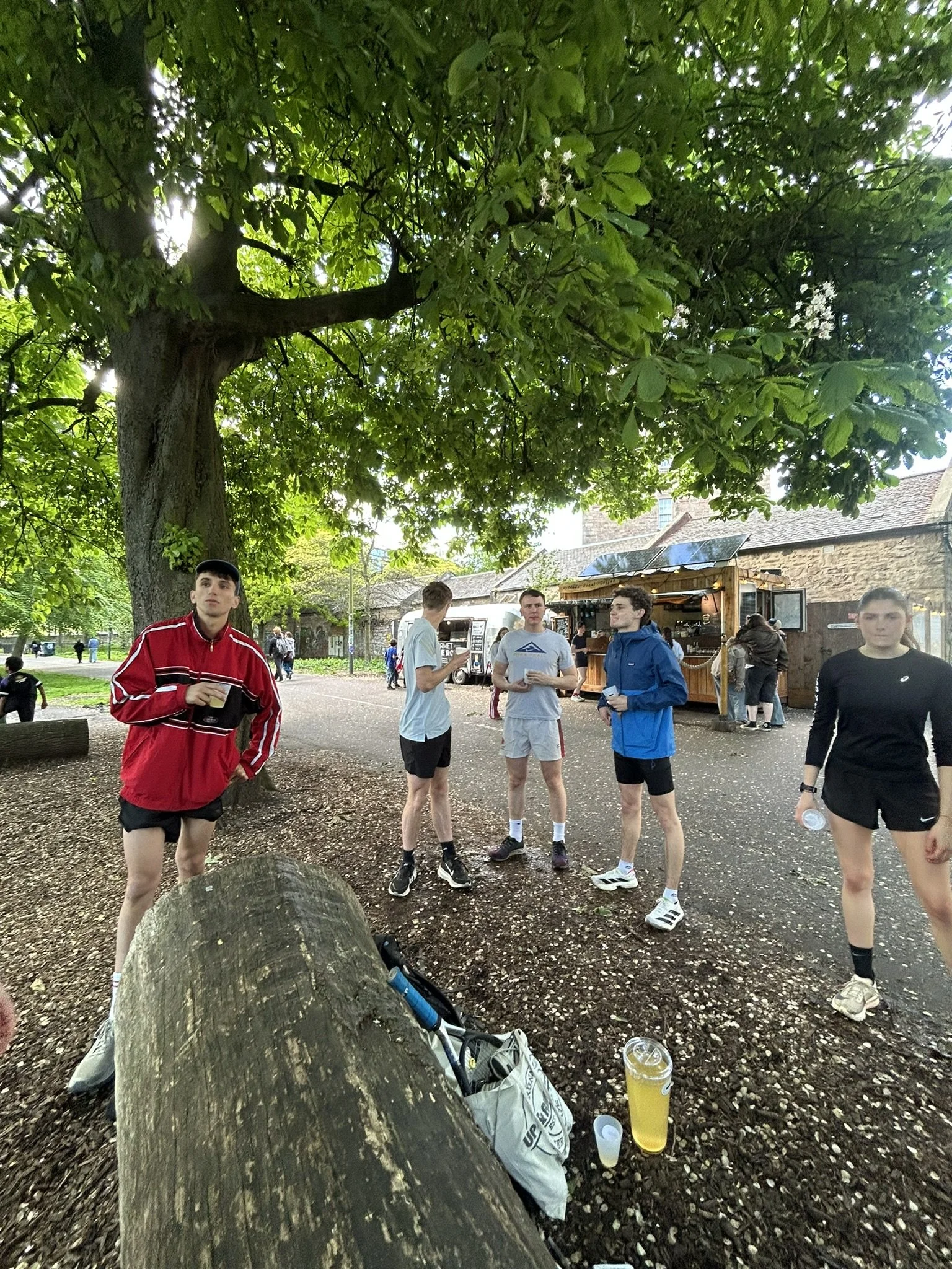 A group of young people standing and talking outdoors under a large leafy tree, with a food truck and stone buildings in the background. There are drinks and a backpack on the ground near a fallen tree trunk.