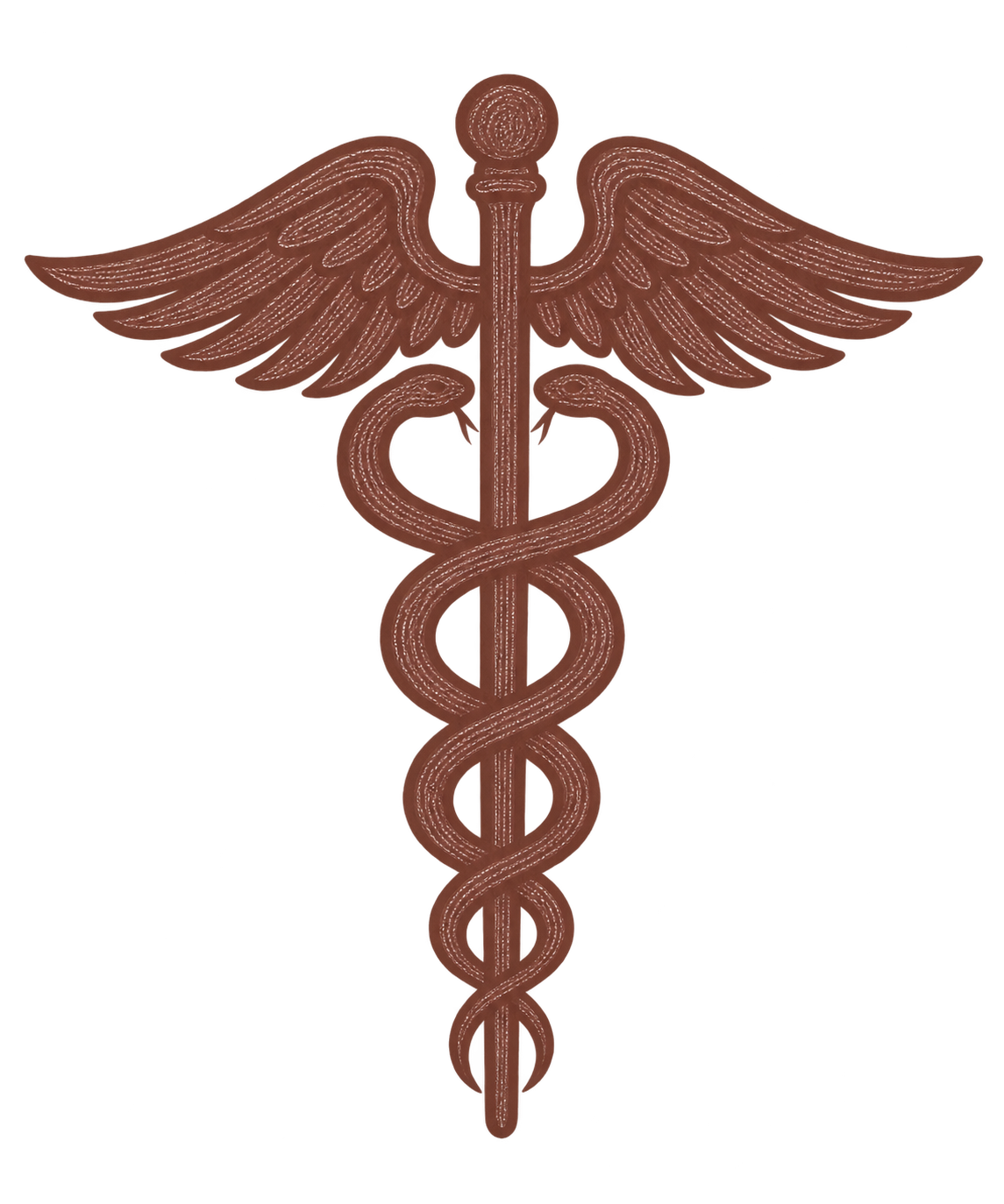 Image of a brown caduceus with two snakes intertwined around a staff with wings at the top.