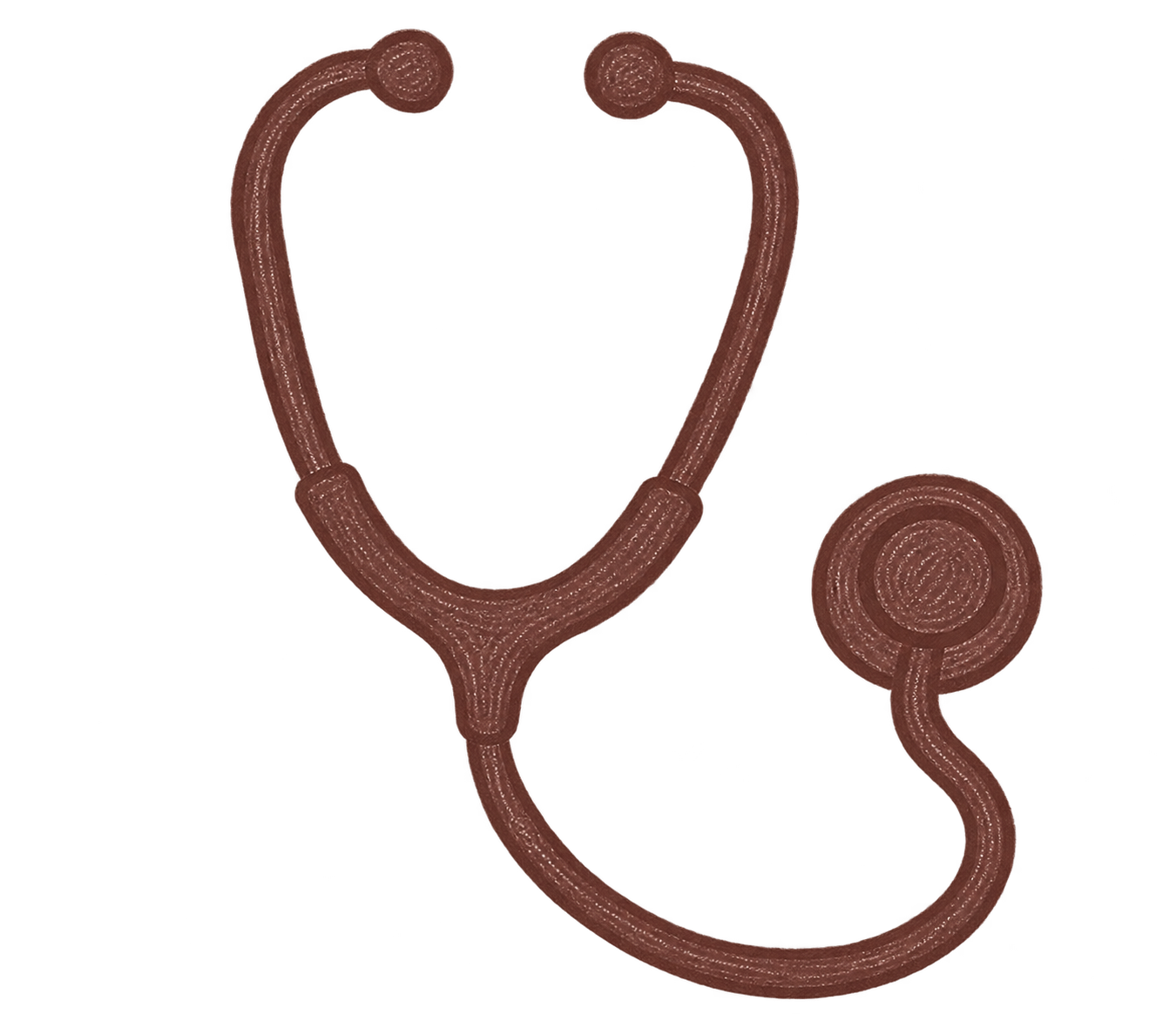 Illustration of a brown stethoscope with its earpieces at the top and the chest piece at the bottom, forming a heart shape.