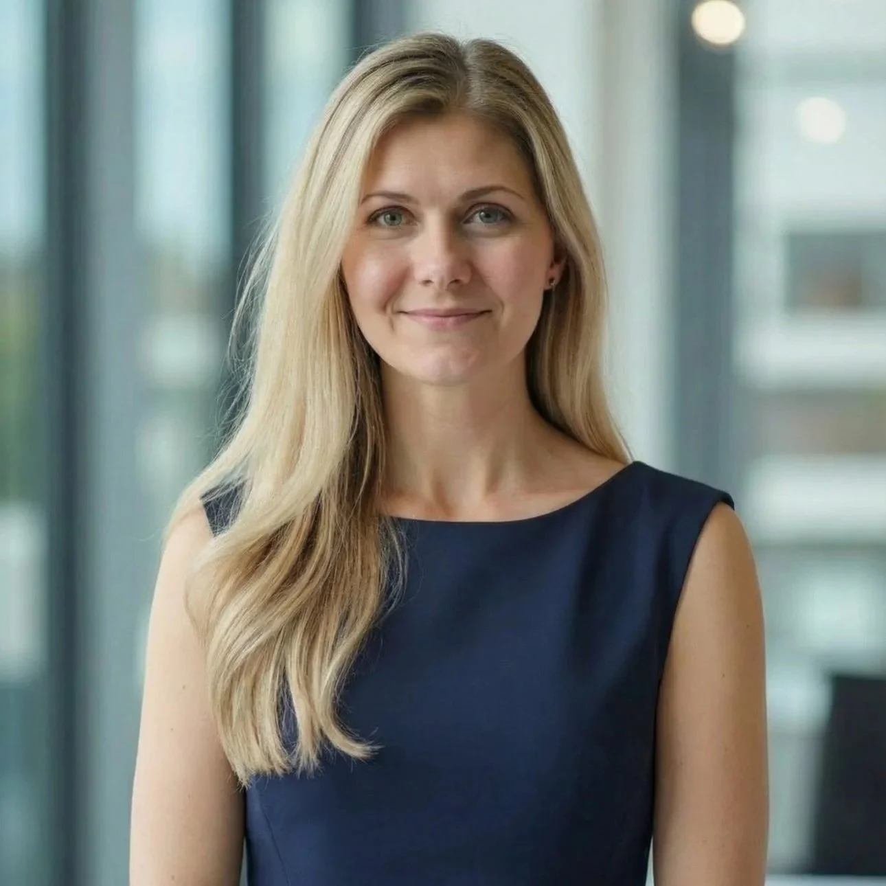 Woman posing in navy. blue dress with long blonde hair smiling 