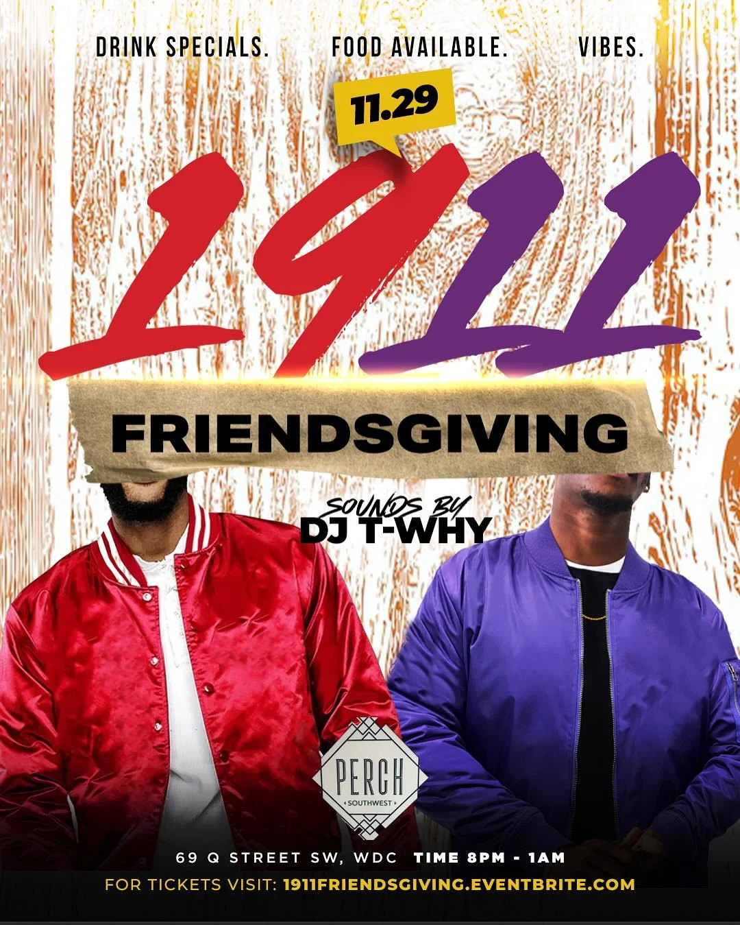 Saturday, Nov 29 &bull; 8PM&ndash;1AM @perch_rooftoploungedc 
1911 Friendsgiving Fundraiser with @dj.twhy spinning your favorite hits.
An elevated night of fellowship, culture &amp; style&mdash;rooted in tradition, driven by purpose.
Hosted by Friend