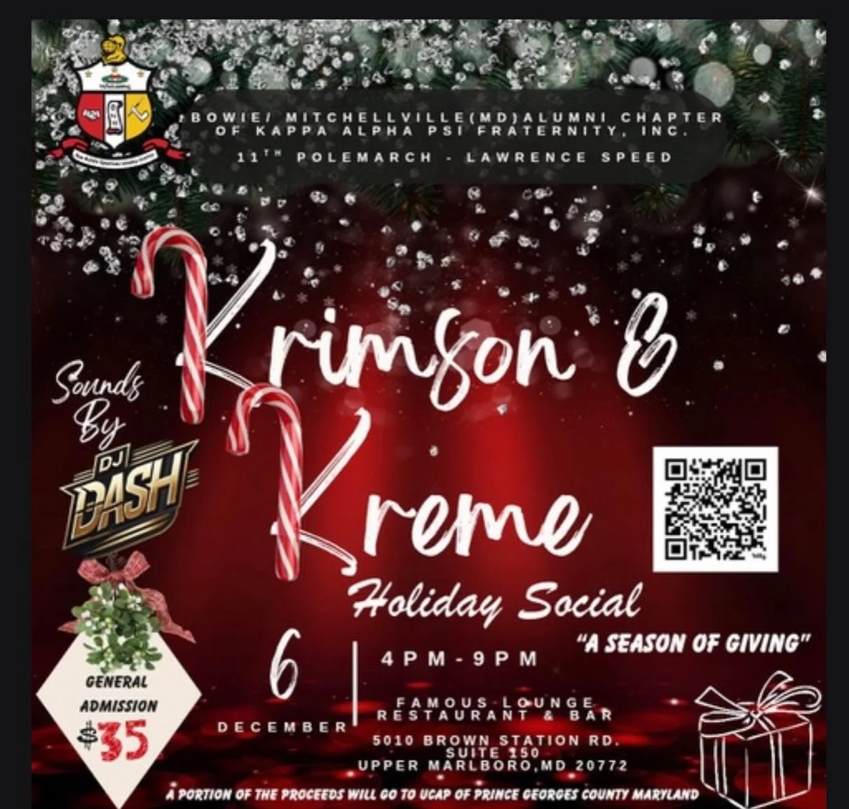 It&rsquo;s the Krimson &amp; Kreme Holiday Social &mdash; A Season of Giving! 👌🏾
🎧 Sounds by DJ Dash | 🎟️ $35 | 📅 Dec 6 | 📍 Famous Lounge, Upper Marlboro
A portion of proceeds will benefit UCAP of Prince George&rsquo;s County.
It&rsquo;s the Kr
