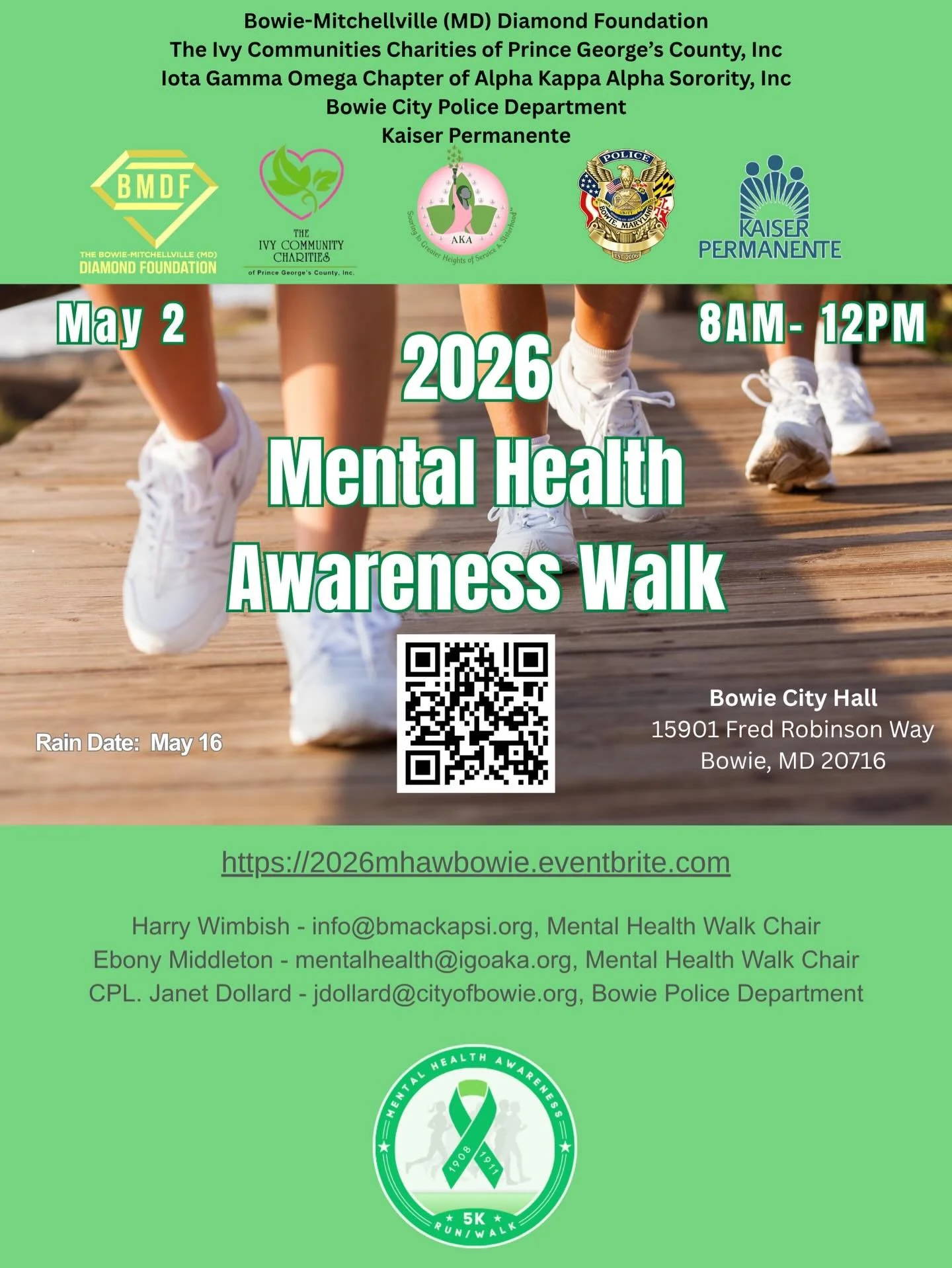 Join us for our annual Mental Health 5K Walk to raise awareness and support for mental wellness in a fun and active way!

Event: 2026 Mental Health 5K Run/Walk
Organizers (Collaboration with):
Bowie/Mitchellville Diamond Foundation
Ivy Communities Ch