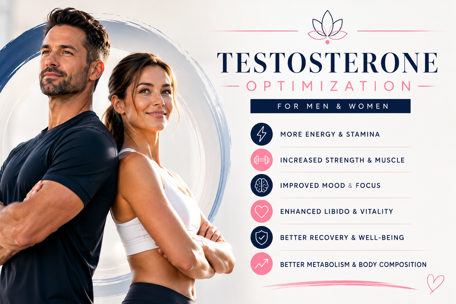 A man and a woman standing back to back with crossed arms, promoting testosterone augmentation benefits. The image includes icons with text listing advantages like more energy, increased strength, improved mood, enhanced libido, better recovery, and improved metabolism.