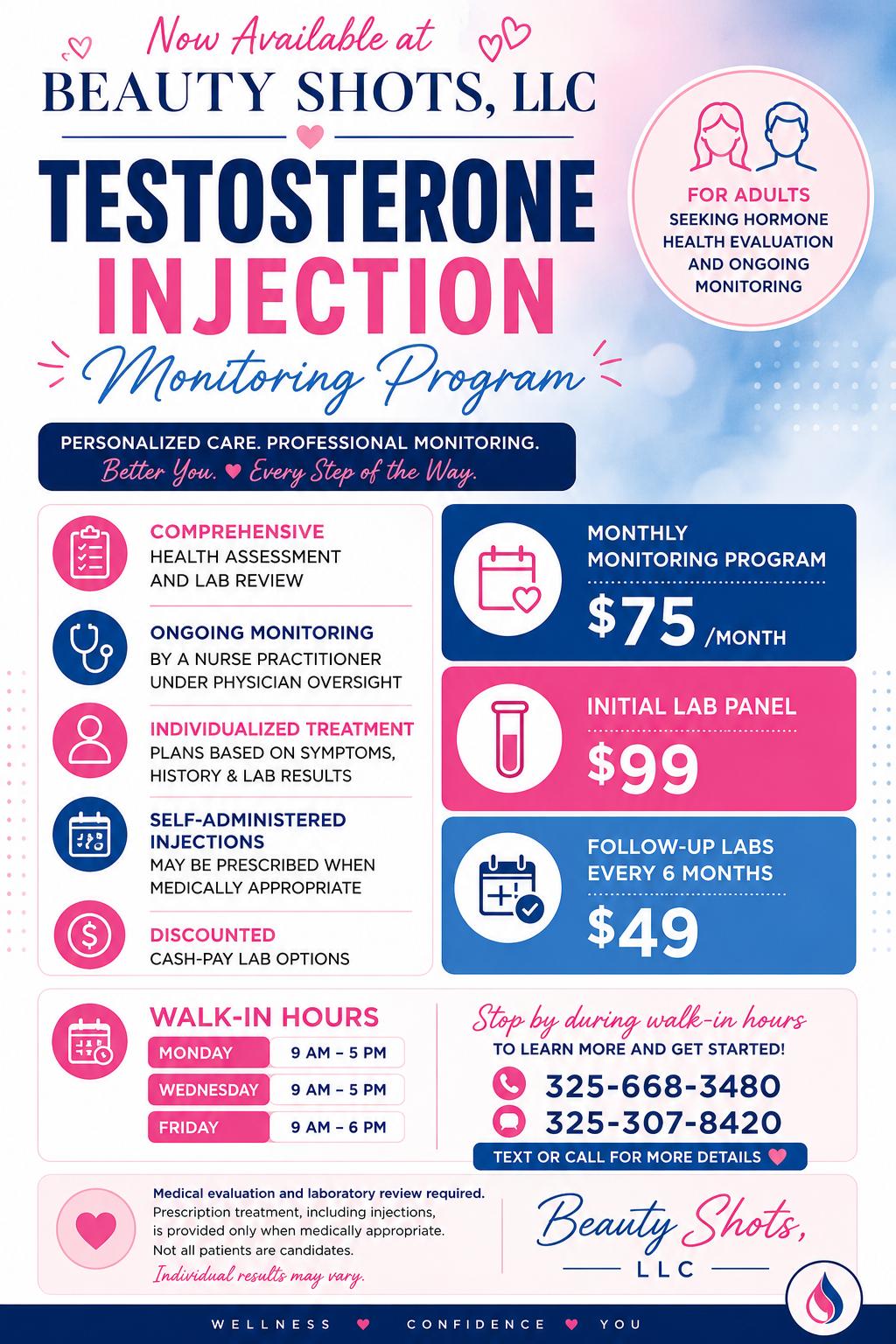Advertisement for a testosterone injection monitoring program at Beauty Shots, LLC, offering comprehensive health assessment, ongoing monitoring, personalized treatment, and affordable lab options, with prices for monthly and initial lab panels, and follow-up labs every six months, including walk-in hours and contact information.