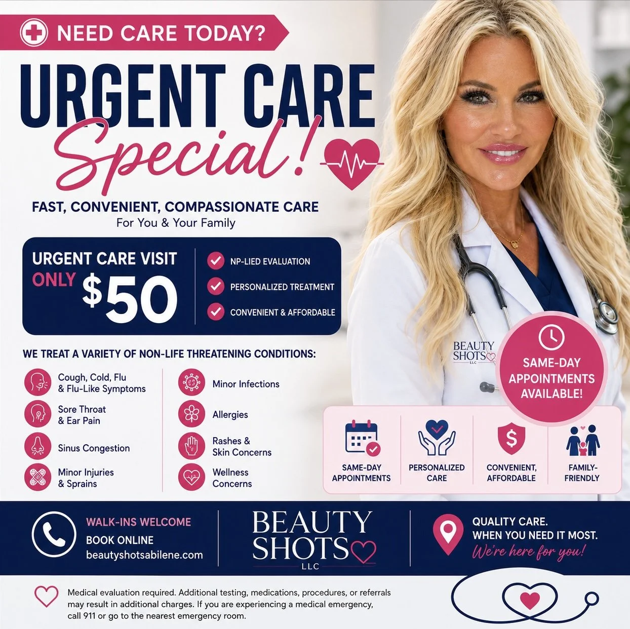 A promotional flyer for an urgent care clinic offering same-day appointments for $50. The flyer highlights services like treatment for cold, flu, sore throat, infections, allergies, and injuries. It features a smiling female doctor wearing a white coat and stethoscope, with contact info, website, and icons for convenience and care.