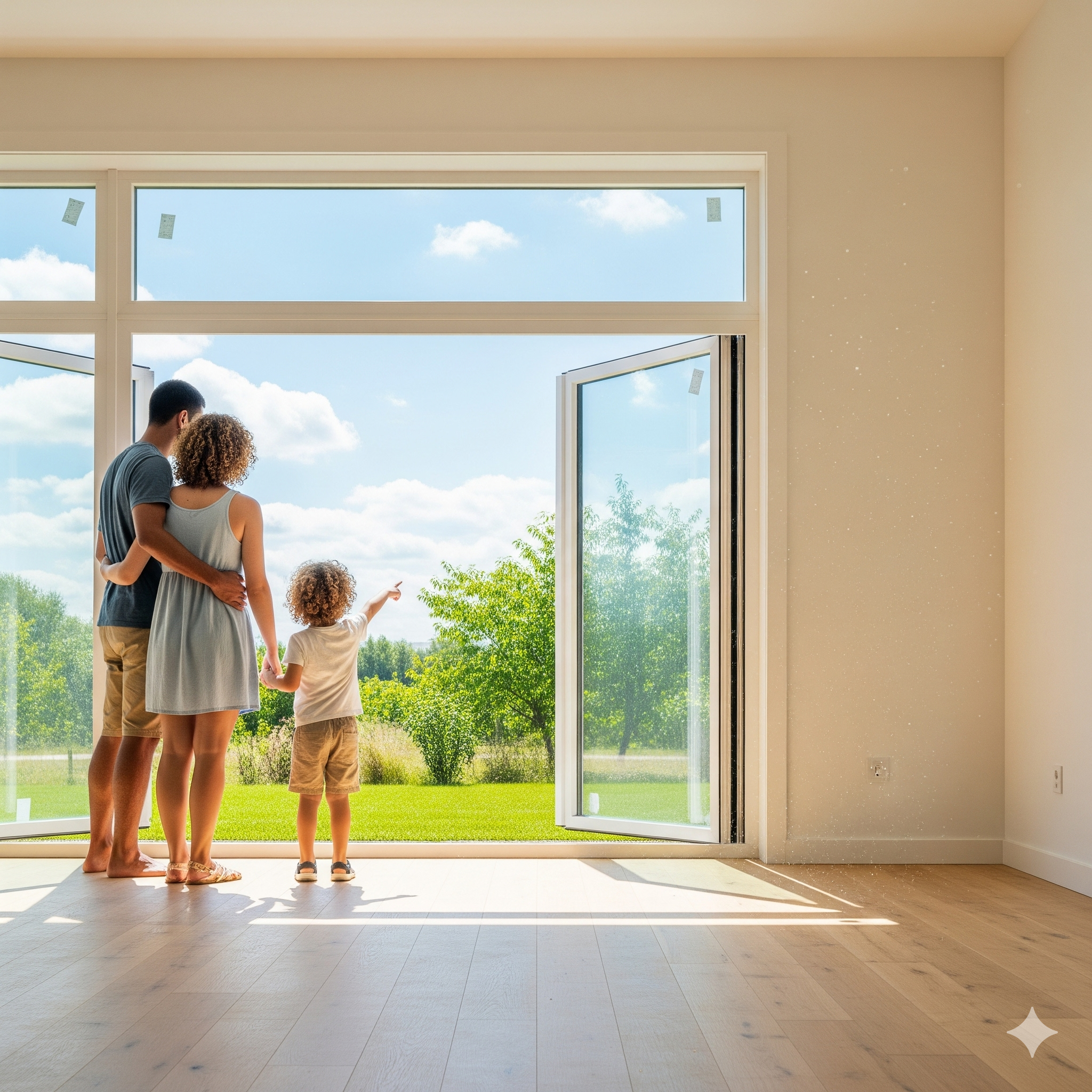 A family of three, two adults and a child, standing inside a room looking out a large open glass door at a sunny outdoor landscape with green trees and a bright sky.