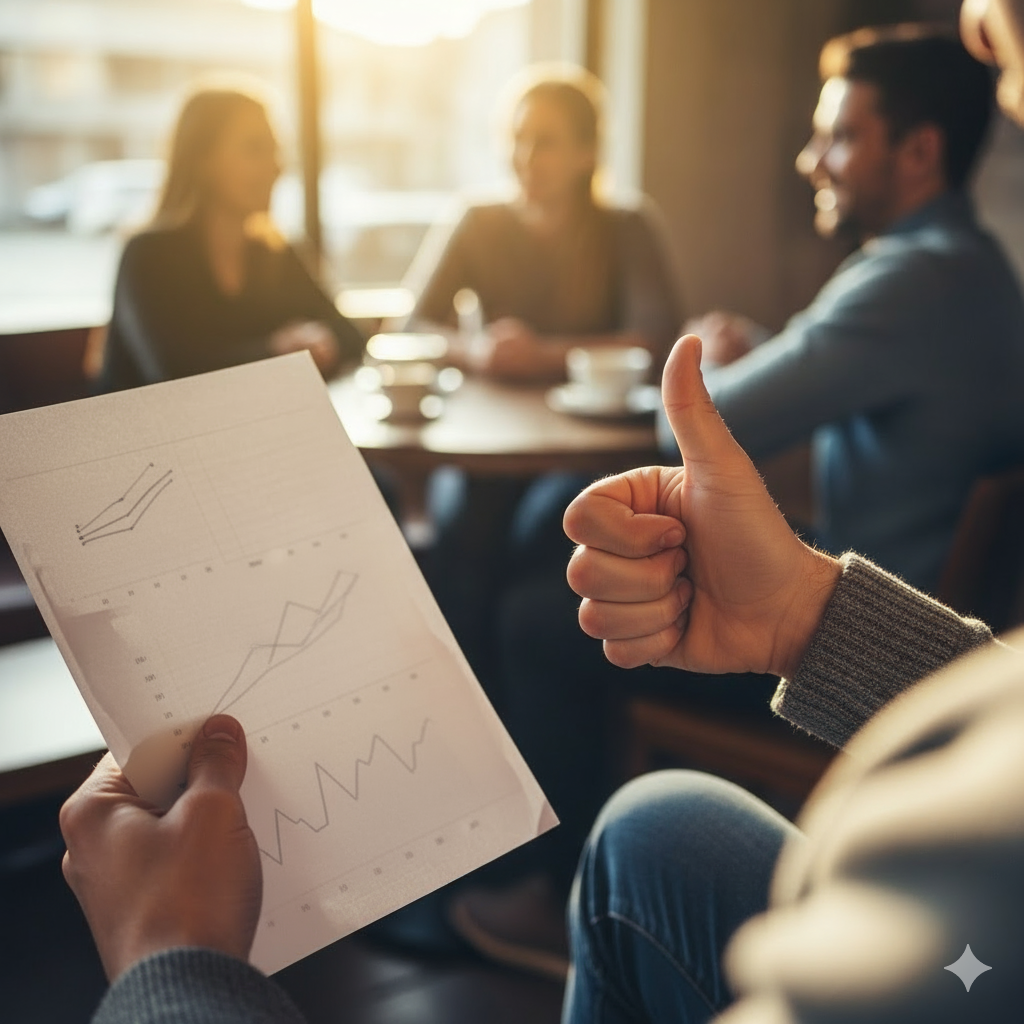 Person holding a paper with graphs giving a thumbs up in a meeting room with three people in the background.