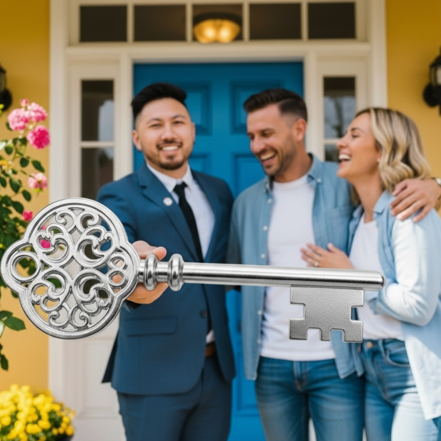 Three people standing in front of a house, with one holding a large ornate silver key. The group is smiling and appears happy, with a man in a suit, a man in casual clothes, and a woman. The house has a bright yellow exterior and a blue front door.