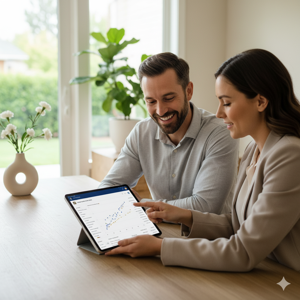 A man and woman looking at a tablet displaying a line graph, seated at a wooden table in a bright room with large windows and a green outdoor view.