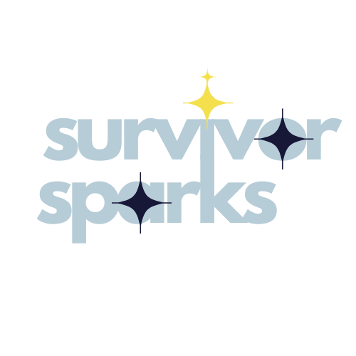 Logo with the words 'Survivor Sparks' in light blue text, featuring star-like symbols above certain letters on a black background.