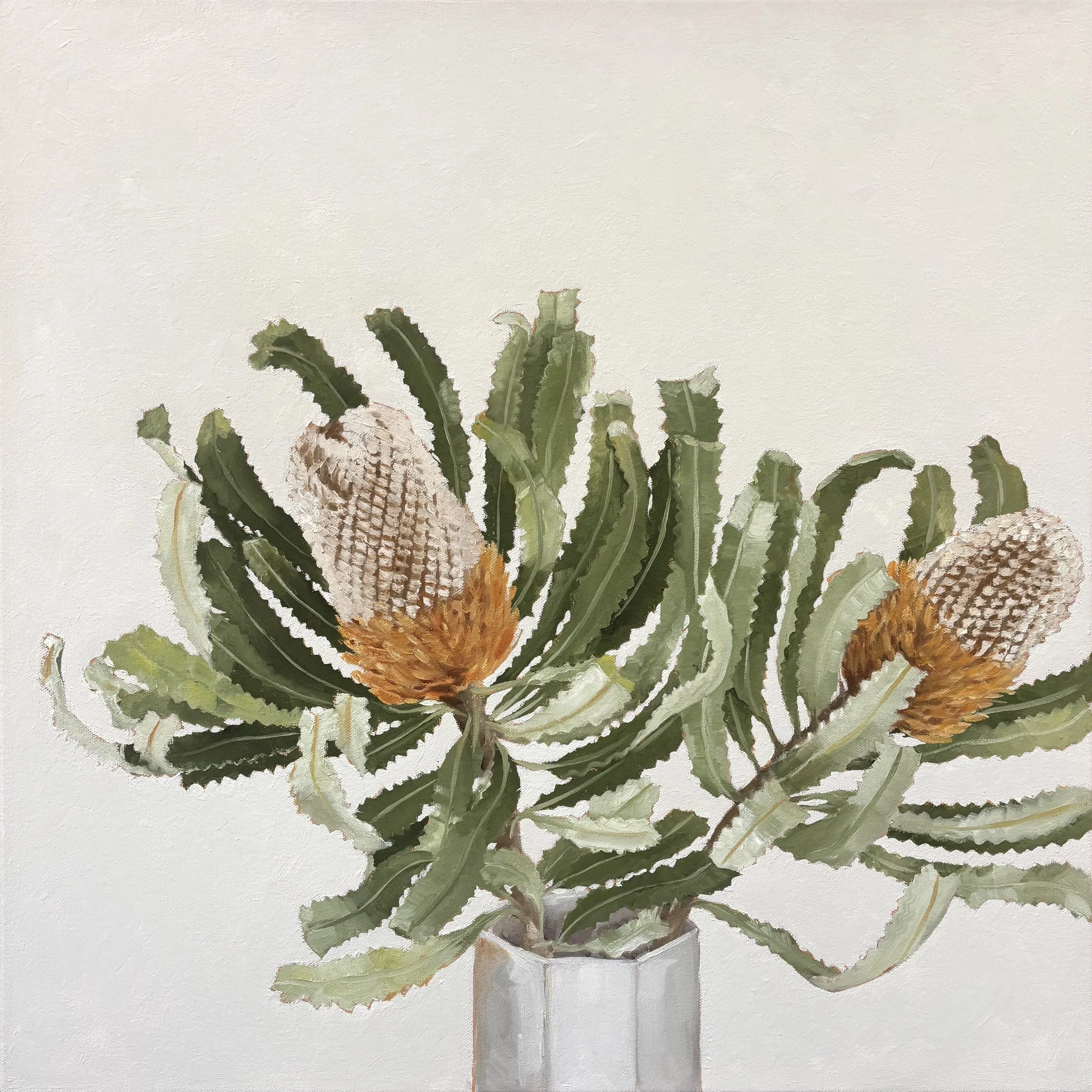 Orange Banksia, 50 x 50cm Oil on Canvas framed in natural oak $1,050