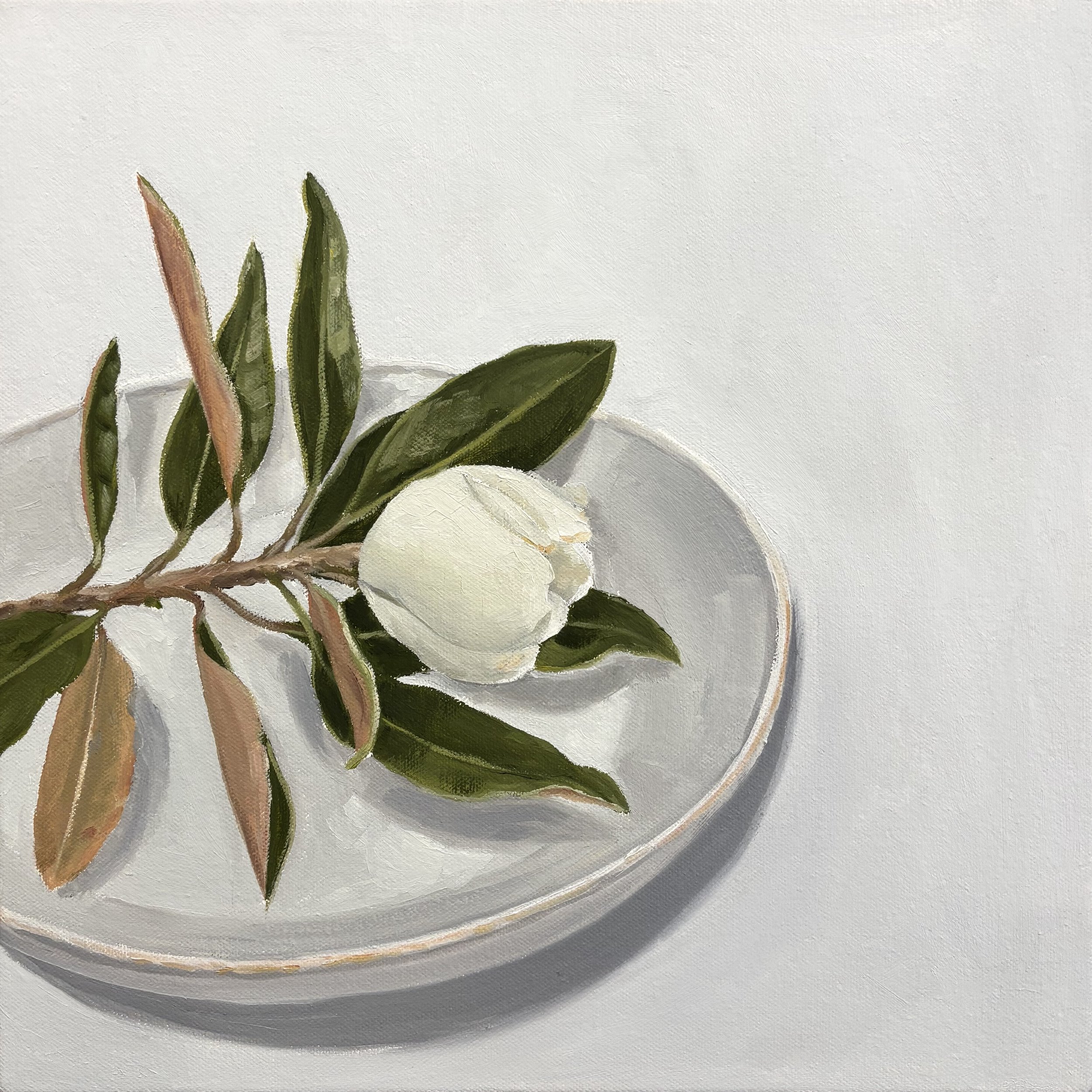 Magnolia Cutting, 30 x 30cm, Oil on Canvas framed in natural oak $620