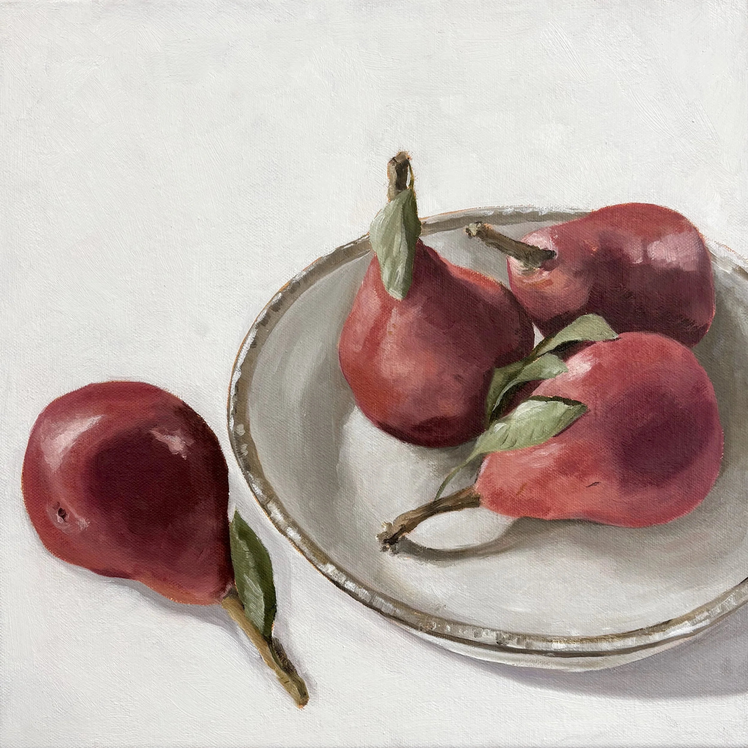 Four Pears, 30x30cm Oil on Canvas framed in natural oak  $620