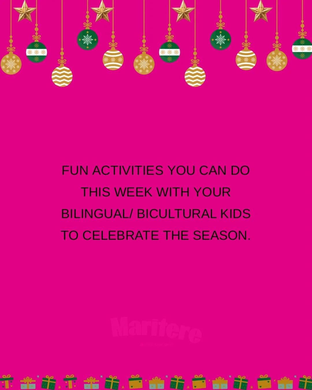 Feeling overwhelmed and in need of a dose of magic to your holidays? 

Here are 7 activities you can do with your bilingual ni&ntilde;os that will, for sure, brighten your day and will make you smile! &iexcl;En espa&ntilde;ol y en ingl&eacute;s!
 
Wh