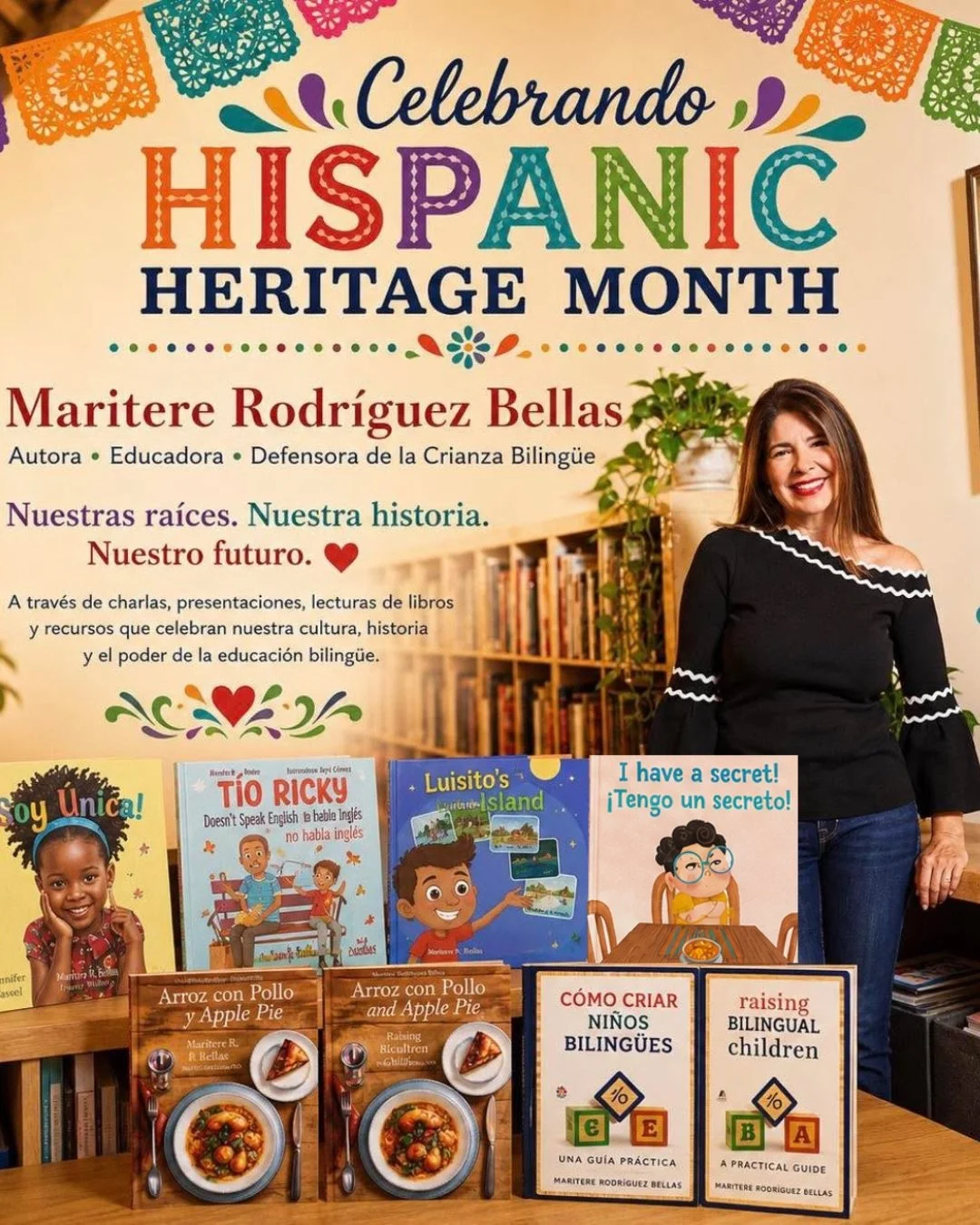 &iexcl;Mi gente! 

Already booking for Hispanic Heritage Month!  In-person and virtually.
 
Available for school visits, book readings, parent presentations, teacher talks, literacy nights, and community events.
Celebrating our ra&iacute;ces, languag