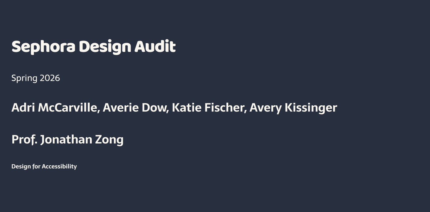 Slide title 'Sephora Design Audit' with subtitle details including date, names, and professor