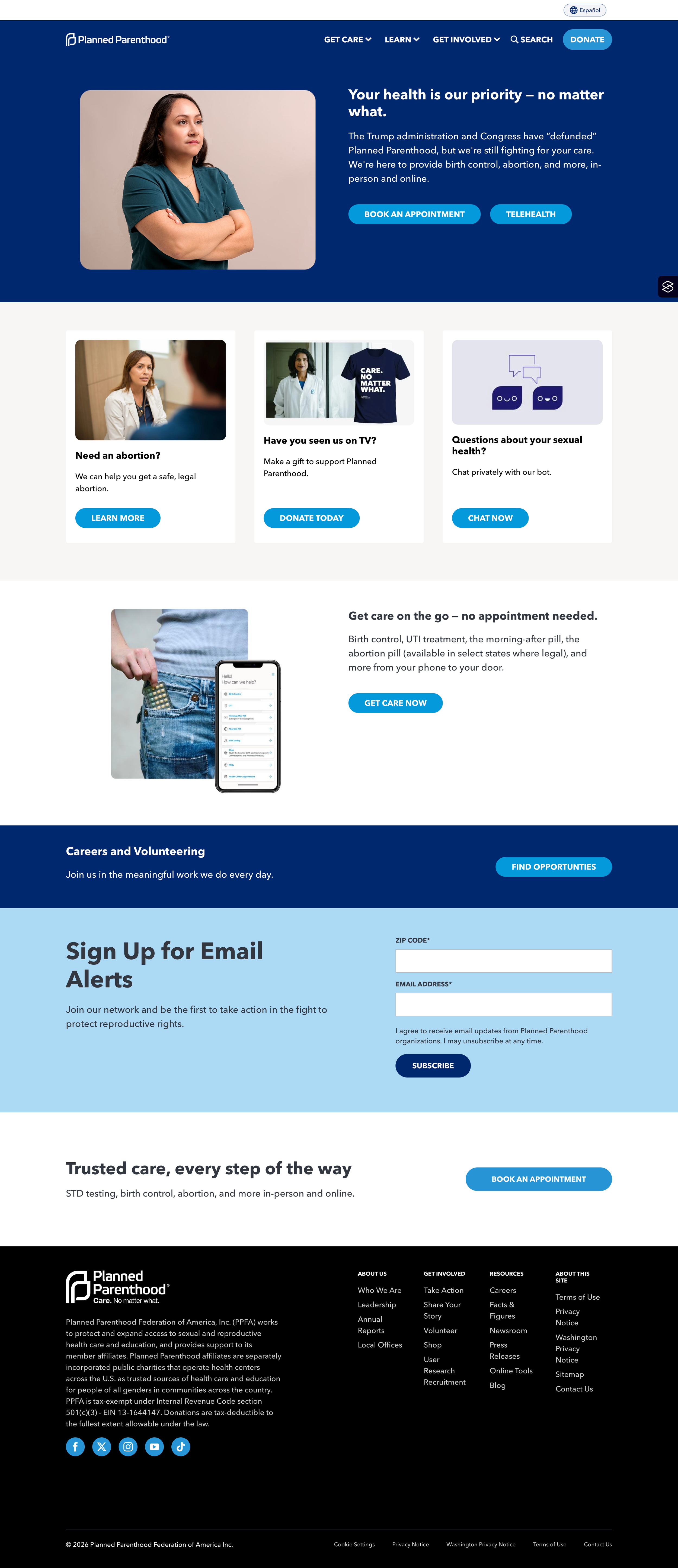 Screenshot of Planned Parenthood website featuring a woman in scrubs, information about reproductive health services, donation options, and an email signup form.