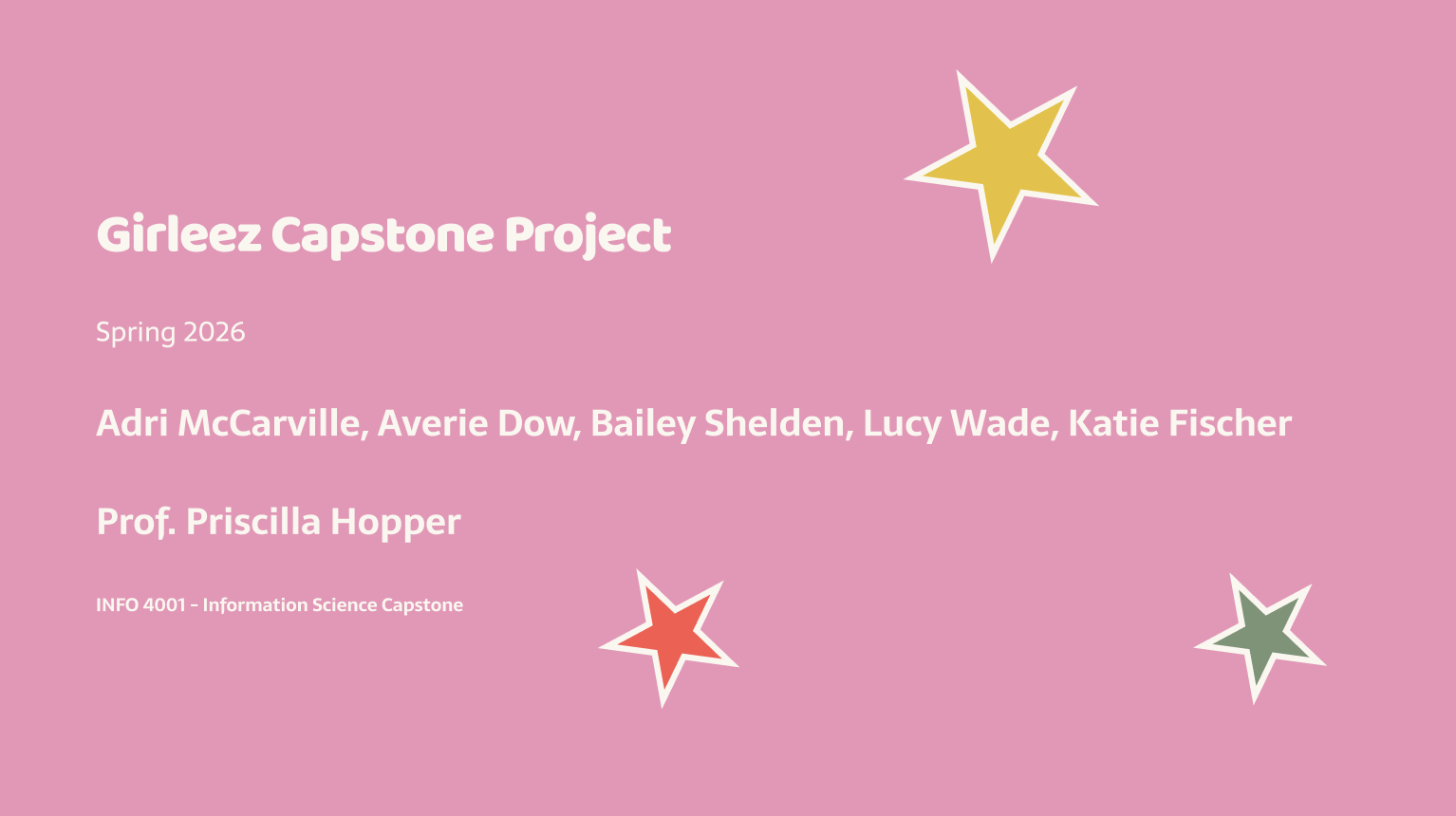 Pink presentation slide titled 'Girlreez Capstone Project' with star illustrations, listing students' names and course information