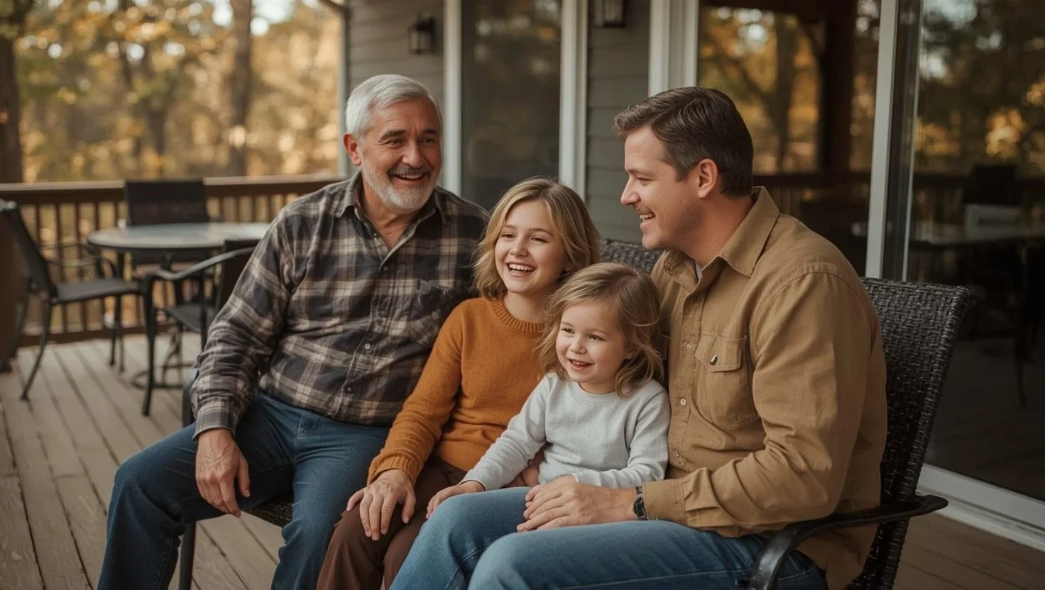 A multi-generational family sitting on a porch, smiling and laughing together, with autumn trees in the background.