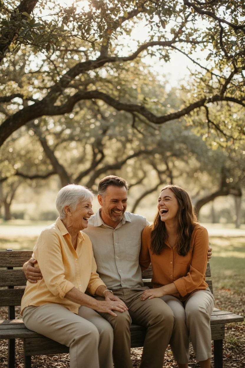 Three people, an elderly woman and a middle-aged couple, sitting on a park bench under trees, smiling and laughing together.