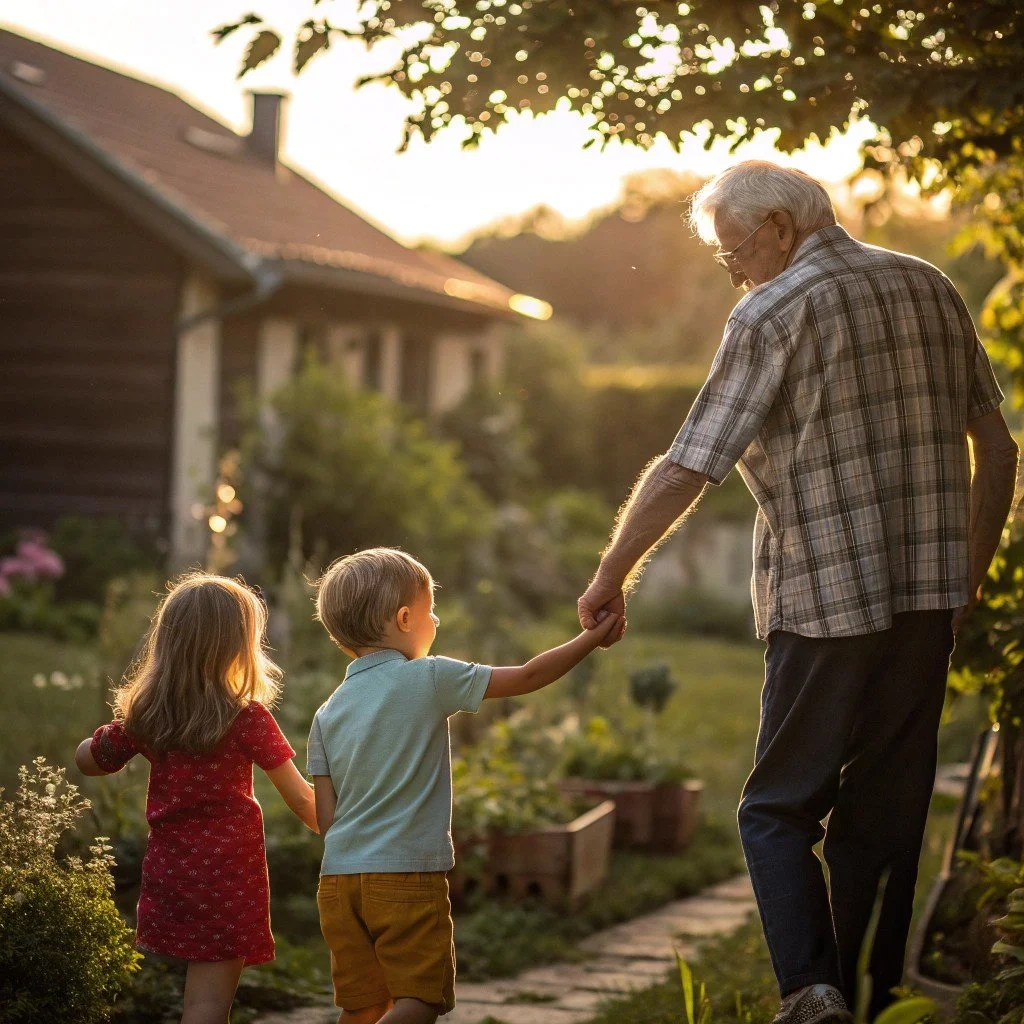 Grandfather walking with two young children, holding hands, in a garden during sunset.