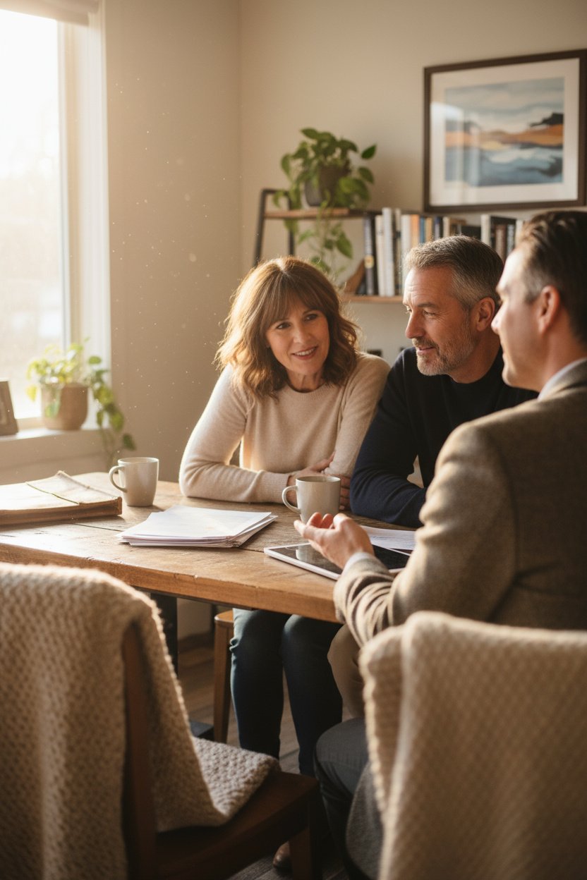 Three adults having a meeting in a cozy, well-lit room with a wooden table, cups, documents, and a tablet.