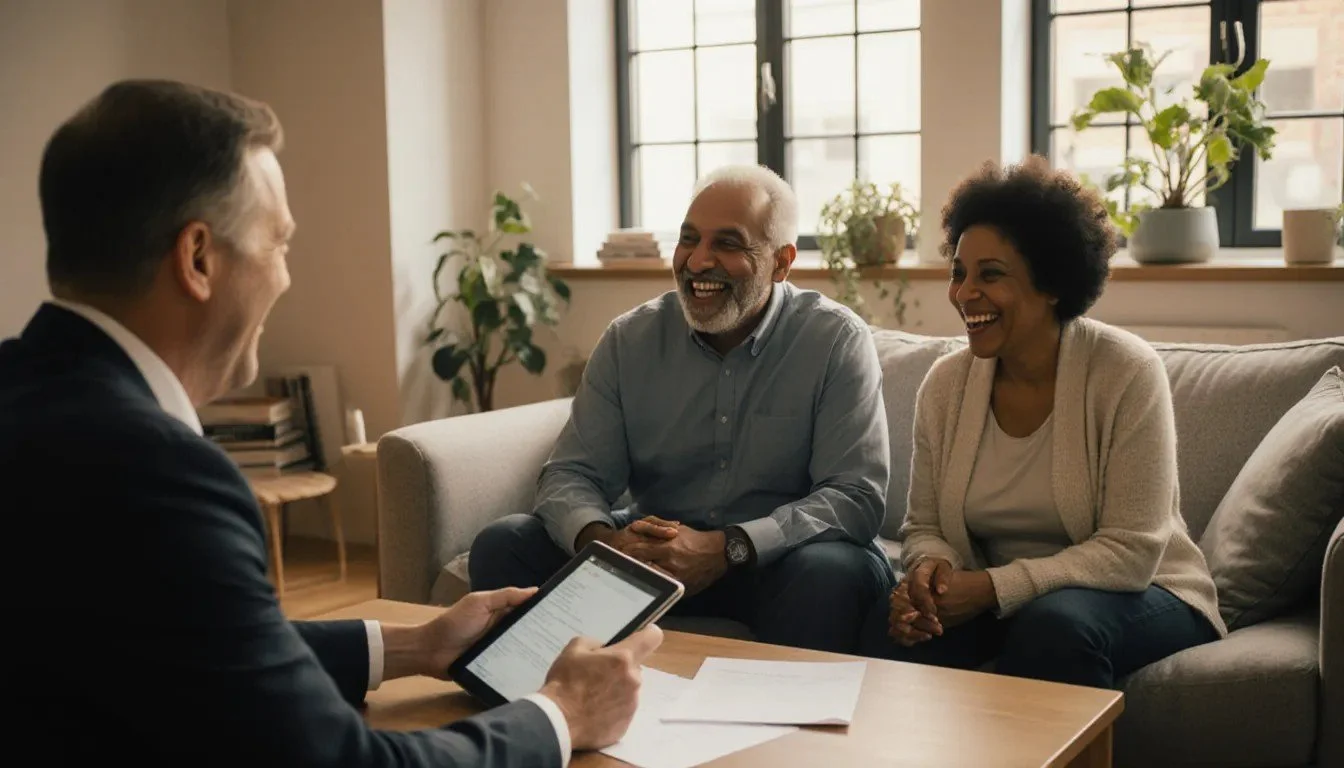 Three adults sitting on a couch laughing and talking, while one person in a suit looks at a tablet, in a cozy room with large windows and houseplants.