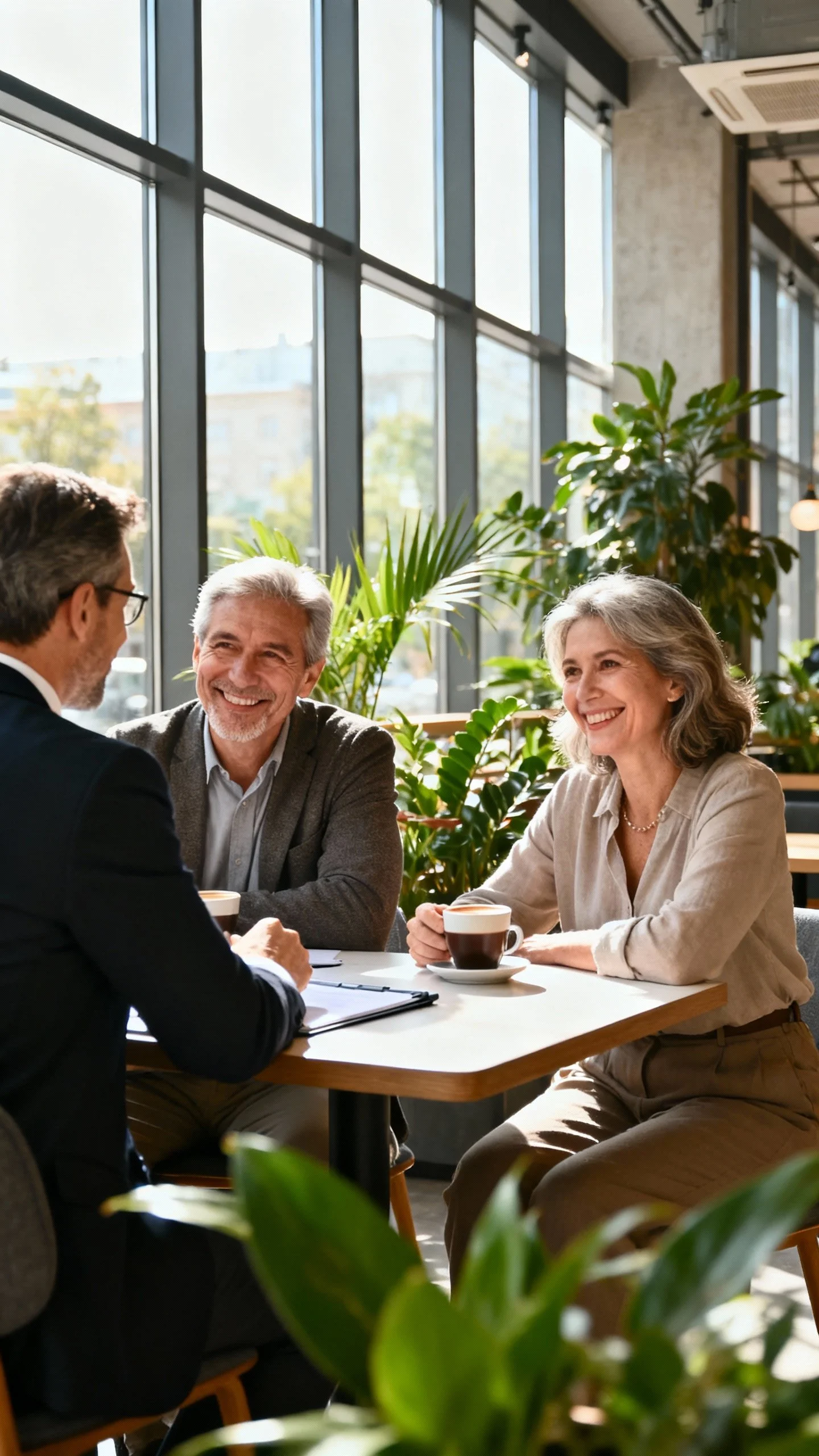 Four people sitting at a table in a bright, modern cafe with large windows and green plants, engaged in a friendly discussion over coffee.