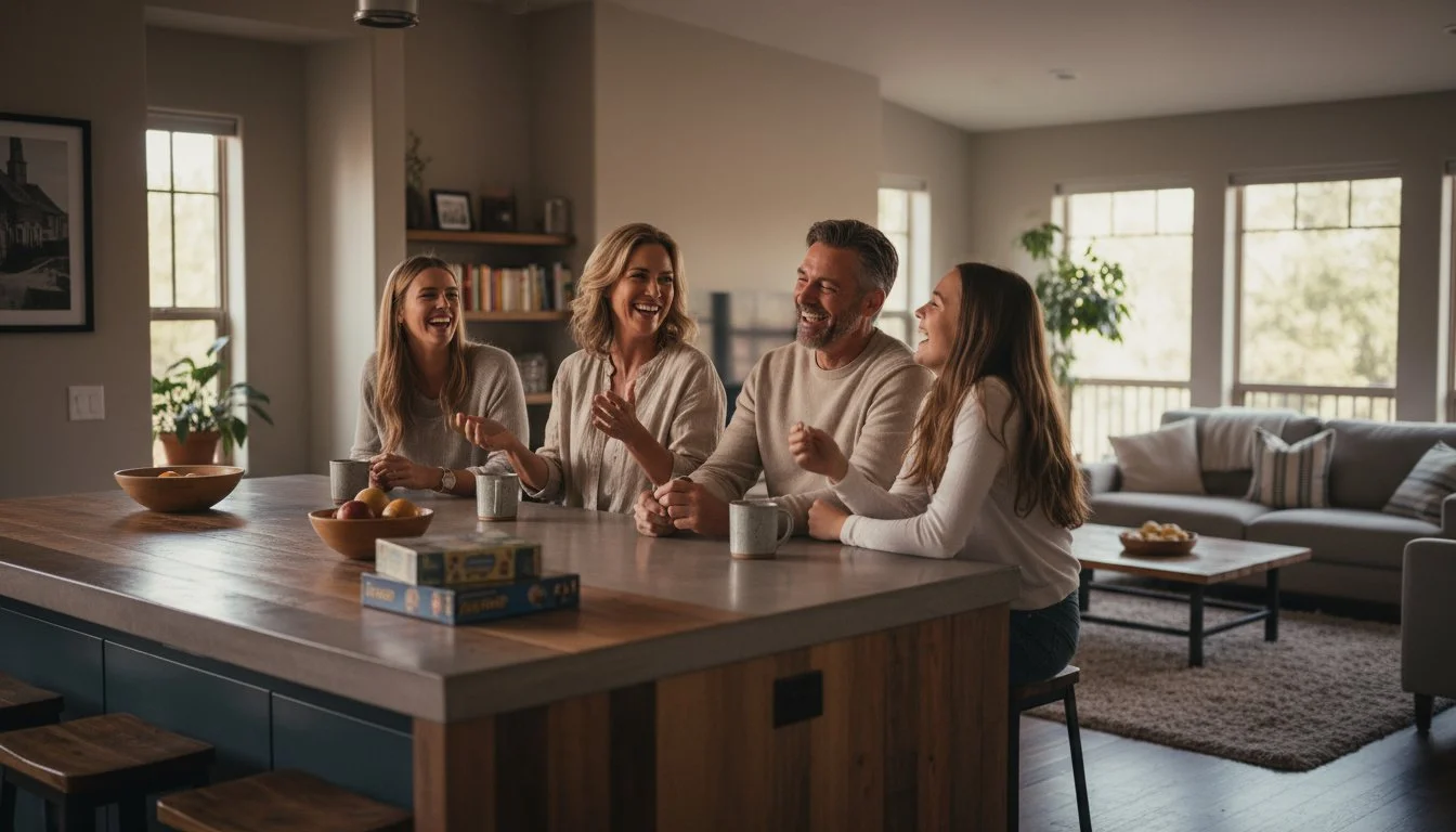 Four people sitting at a kitchen counter, laughing and enjoying each other's company in a bright, cozy living room.